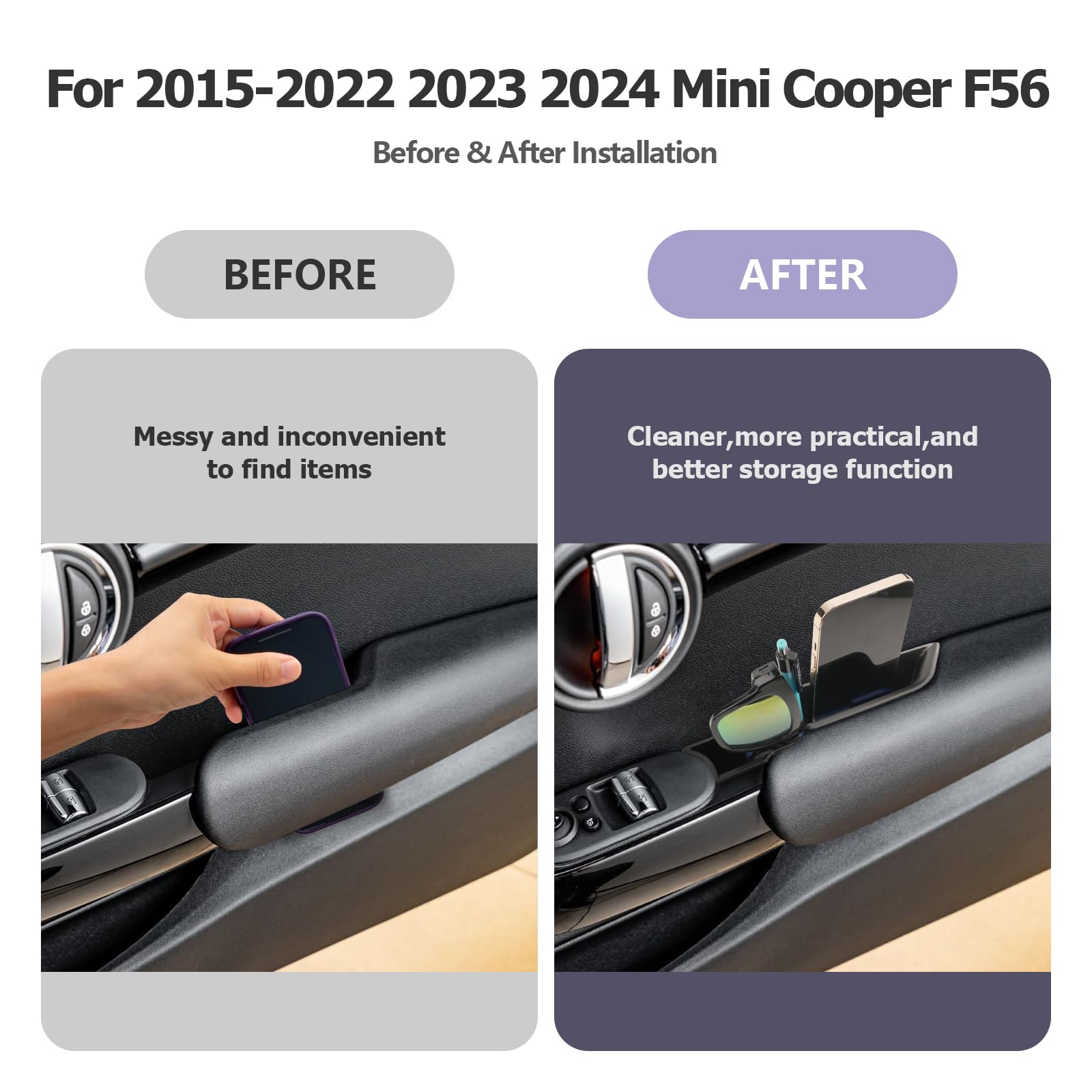 For 2025 2024 Mini Cooper F56 Organizer Mini Cooper F56 Front Door Side Storage Box Door Side Organizer Grab Tray 2015-2025 Mini Cooper Armrest Phone Container Mini Cooper Countryman Accessories 2Pcs