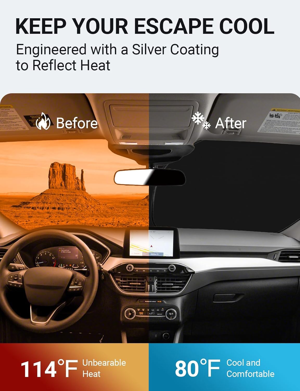 Proadsy 2025 Upgrade Windshield Sunshade Custom For Ford Escape 2020-2024 2025 Block Sun & Uv Foldable Front Window Car Shade Pr