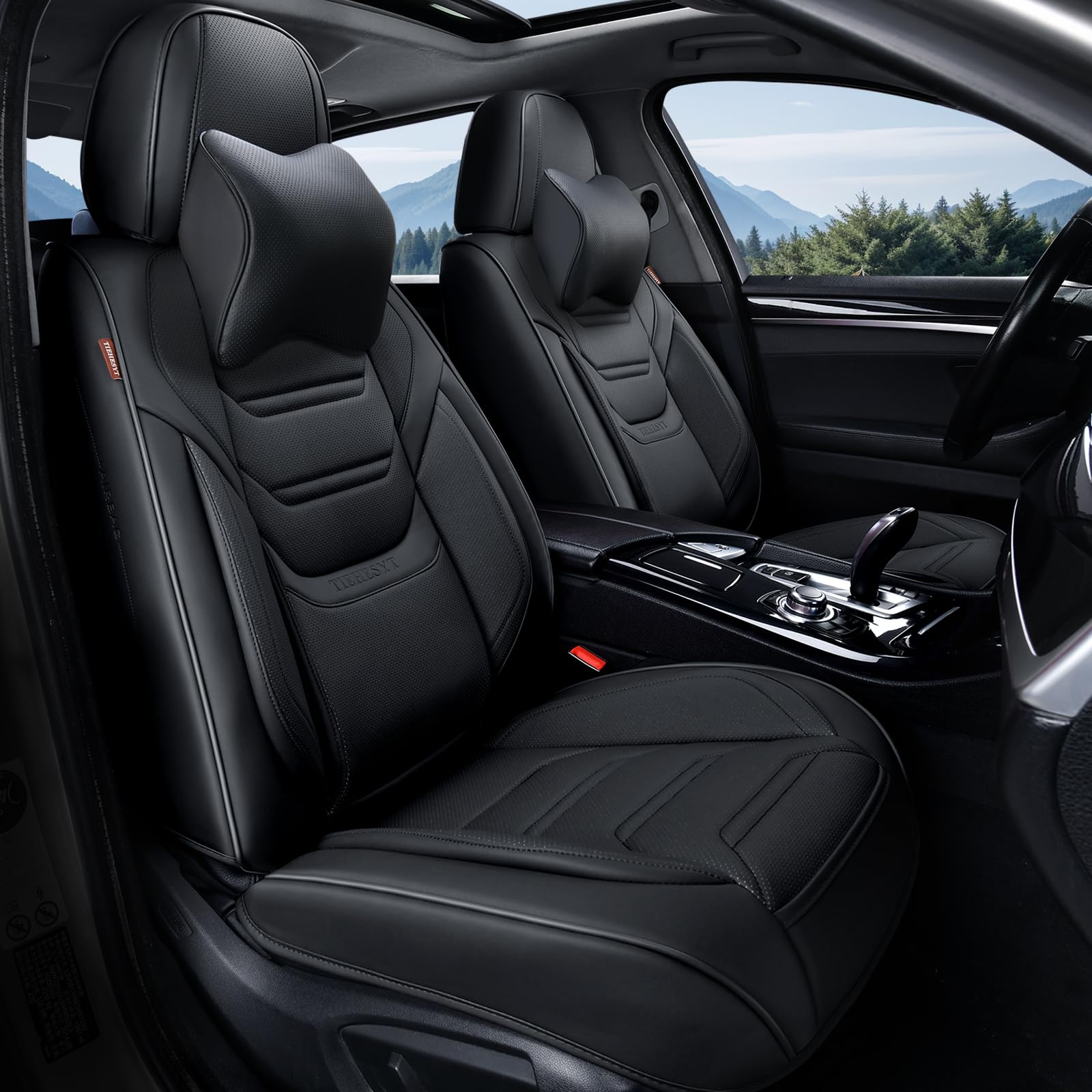 Tiehesyt Black Car Seat Covers Front Pair, Breathable Leather Automotive Front Seat Covers & Headrest For Comfortable Driving, U