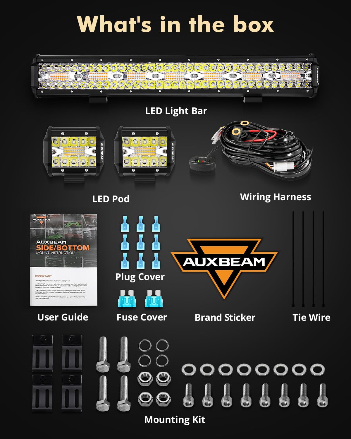 Auxbeam 6 Modes Amber White Series, 4'' Led Pods With 20'' Led Light Bar Combo Set, Dual Color Strobe Flash/Warning/Signal Spot
