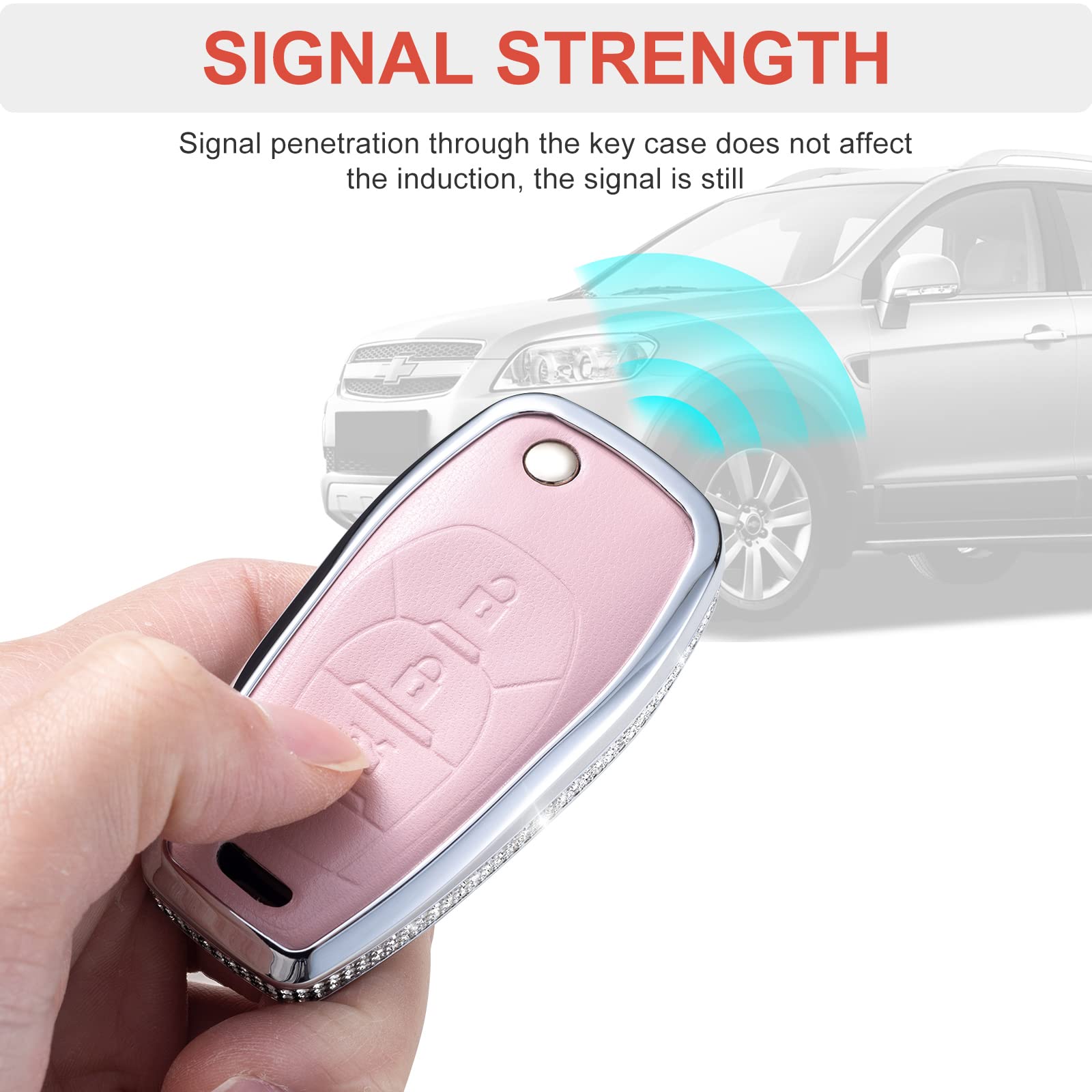 Ruabiban For Chevy Key Fob Cover With Keychain, Pink Genuine Leather Crystal Key Case Protection Shell Compatible With Chevrolet