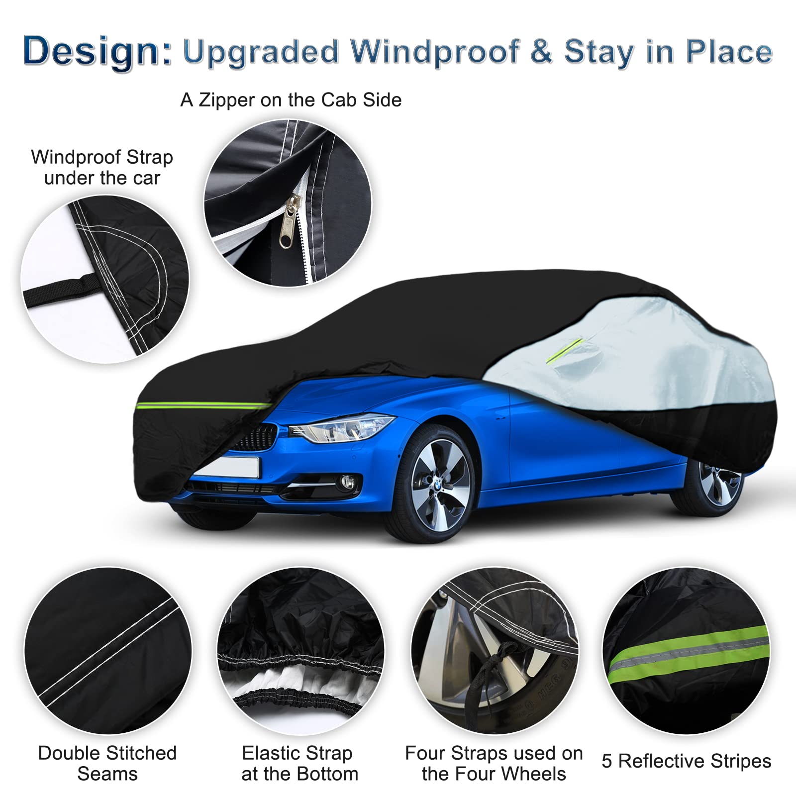 Universal Sedan Car Cover Fit for Mercedes-Benz C-Class, BMW 3 Series, Audi A3,Waterproof All Weather Heavy Duty Anti-UV Windpro