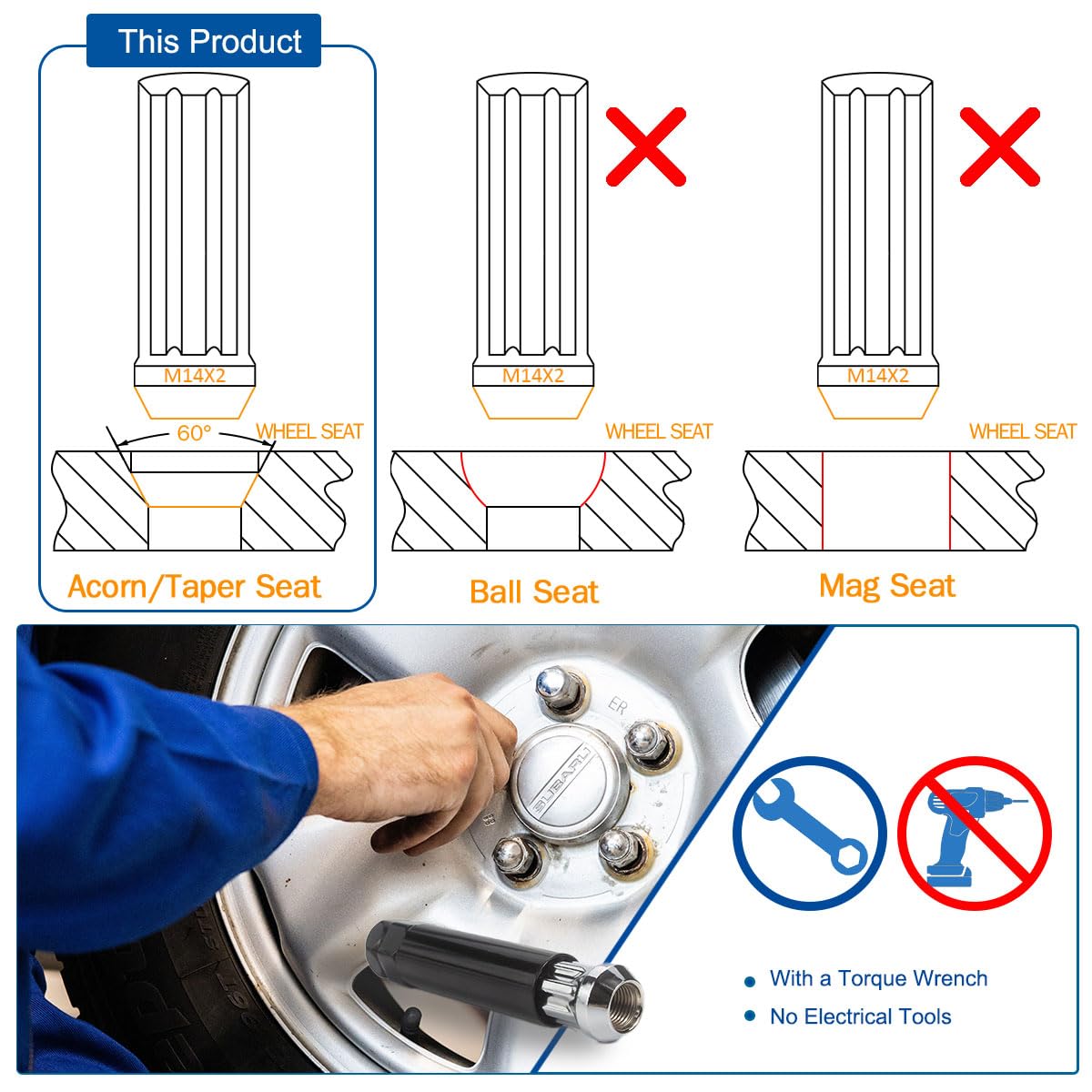 Gasupply 14X2 Chrome Lug Nuts, M14X2 Chrome Closed End 7 Spline Drive Tuner Acorn Lug Nuts For Aftermarket Wheels, 2 Inch 50Mm T