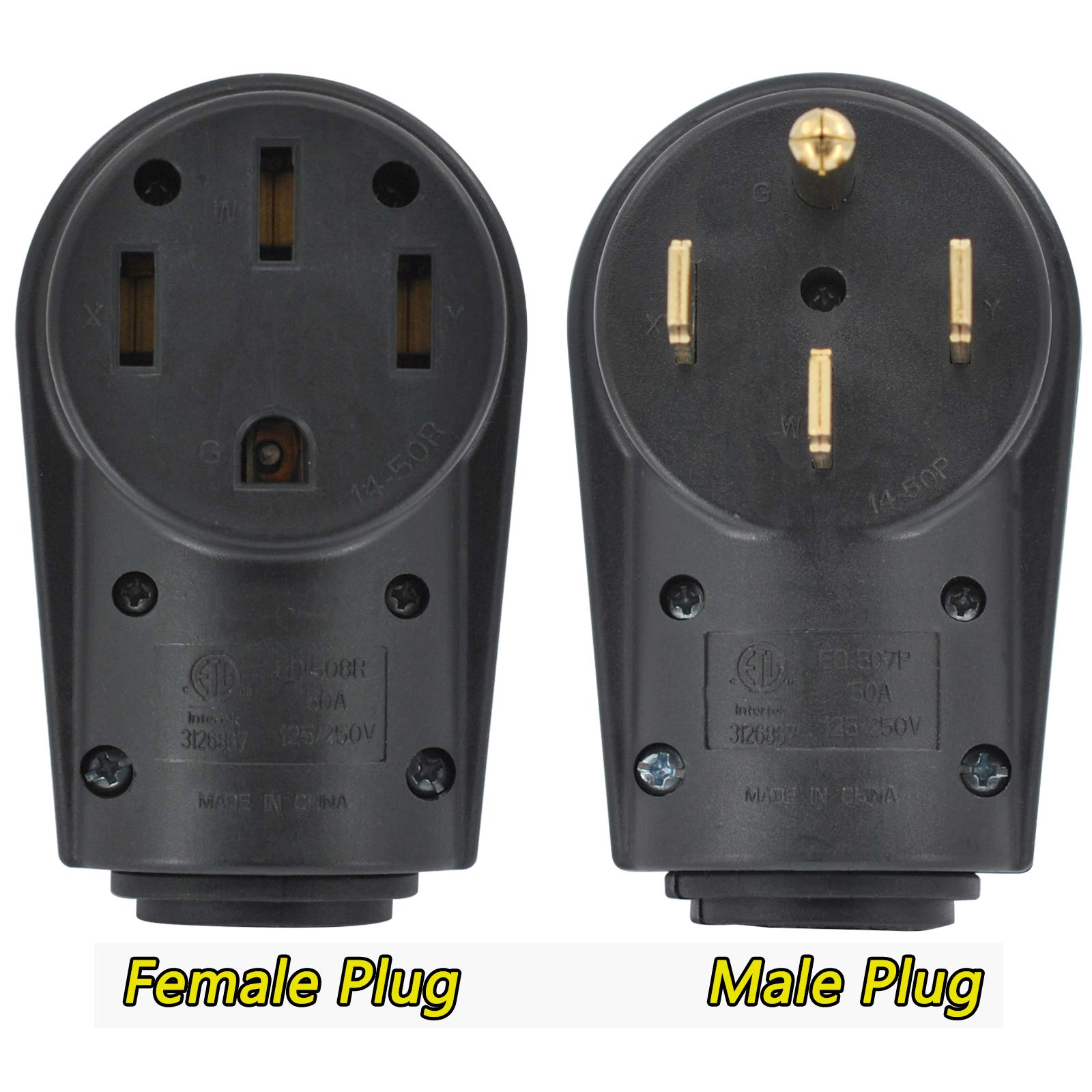 50 Amp Rv Male And Female Plug Kit With 14-50P And 14-50R Universal Plug And Receptacle, 125V/250V Heavy-Duty Electrical Plug Fo