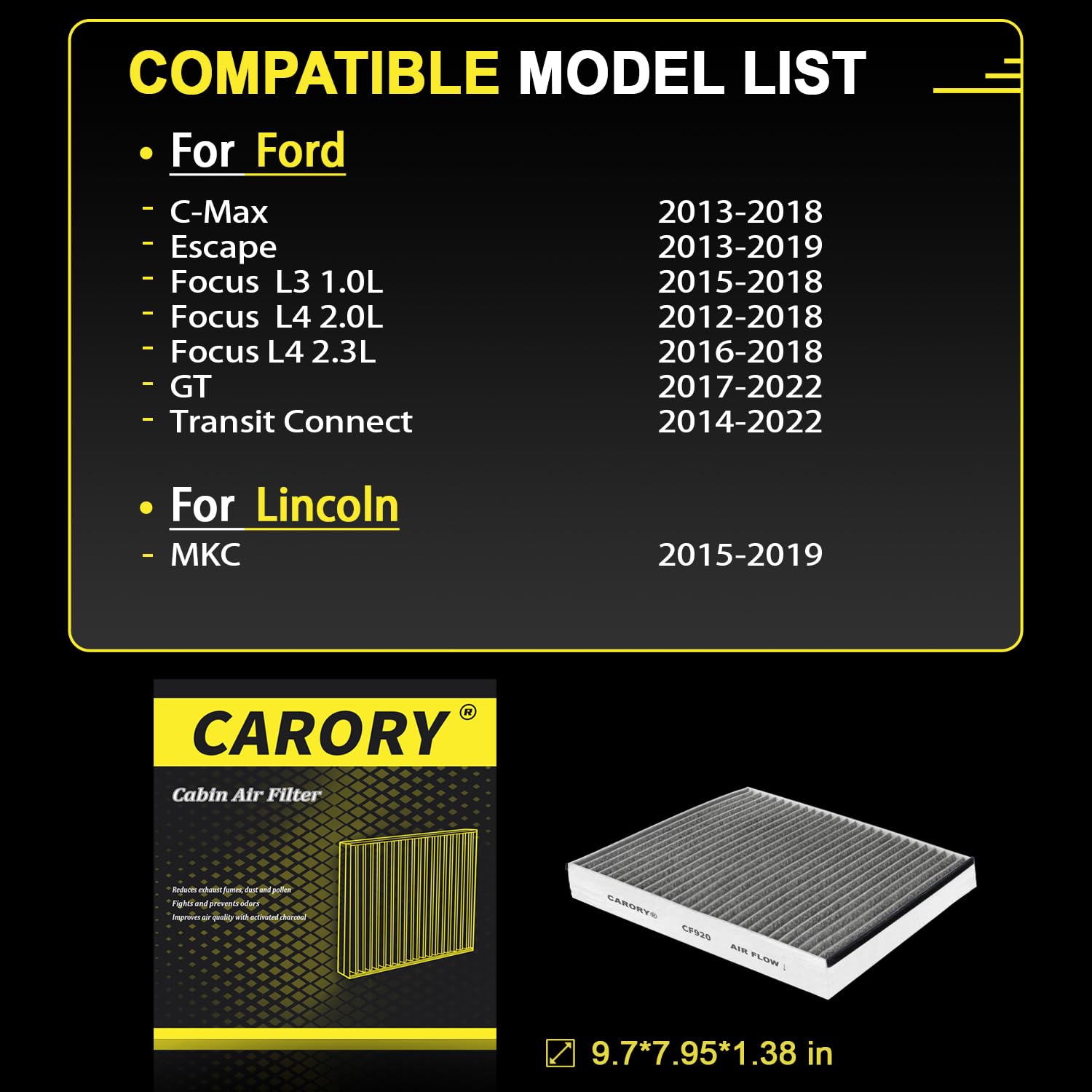 CARORY Cabin Air Filter w/Activated Carbon for Select 2013-2022 Ford, Lincoln Models - C-Max, Escape, Focus, Transit Connect, MK