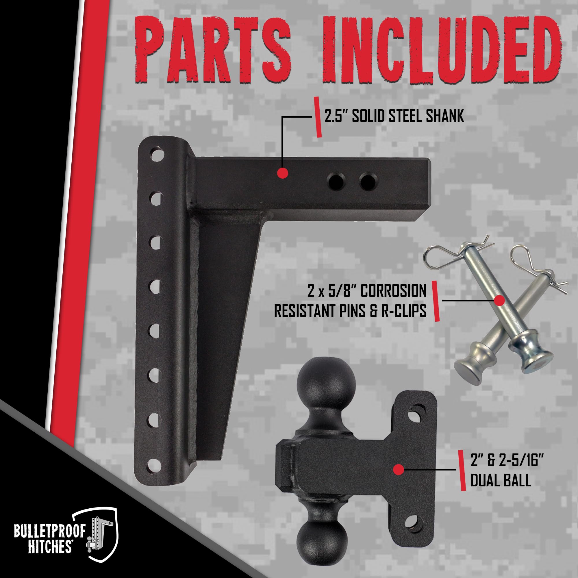 Bulletproof Hitches 2.5'' Adjustable Heavy Duty (22,000Lb Rating) 10'' Drop/Rise Trailer Hitch With 2'' And 2 5/16'' Dual Ball (
