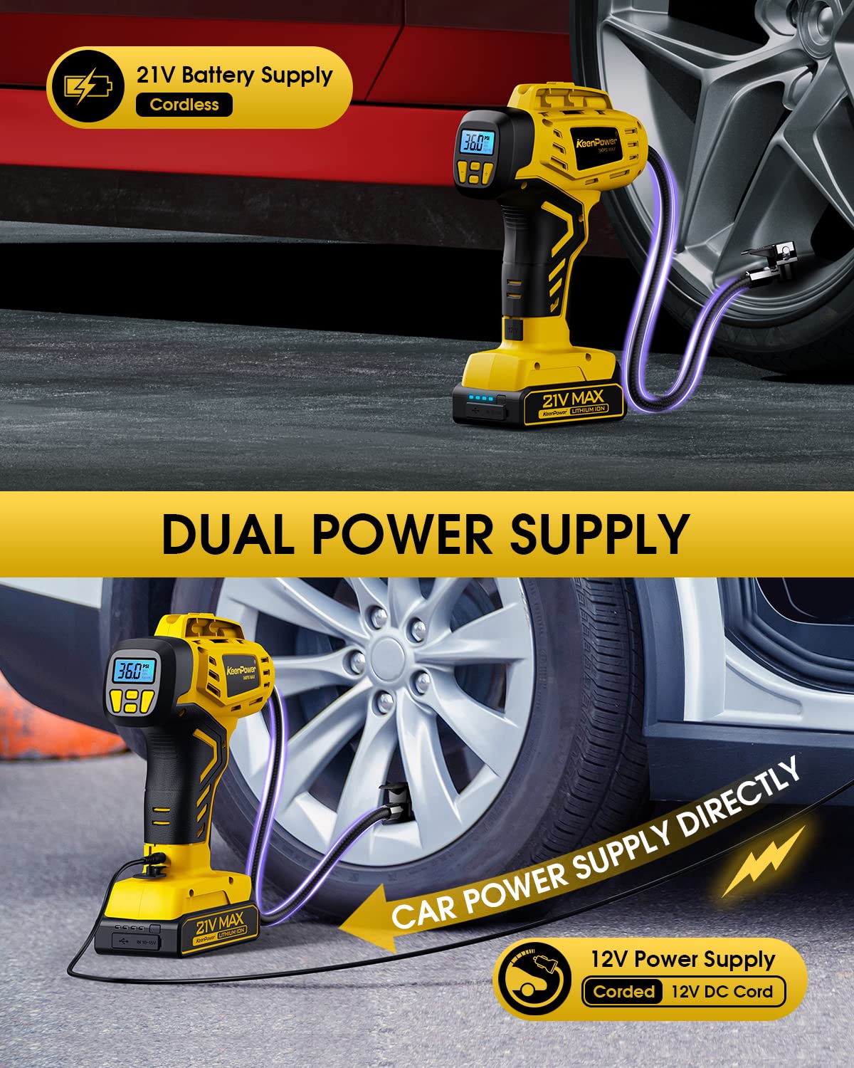 Keenpower Tire Inflator Portable Air Compressor - 2X Faster - 21V Rechargeable Battery Powered Handheld 160Psi Tire Inflator, Du