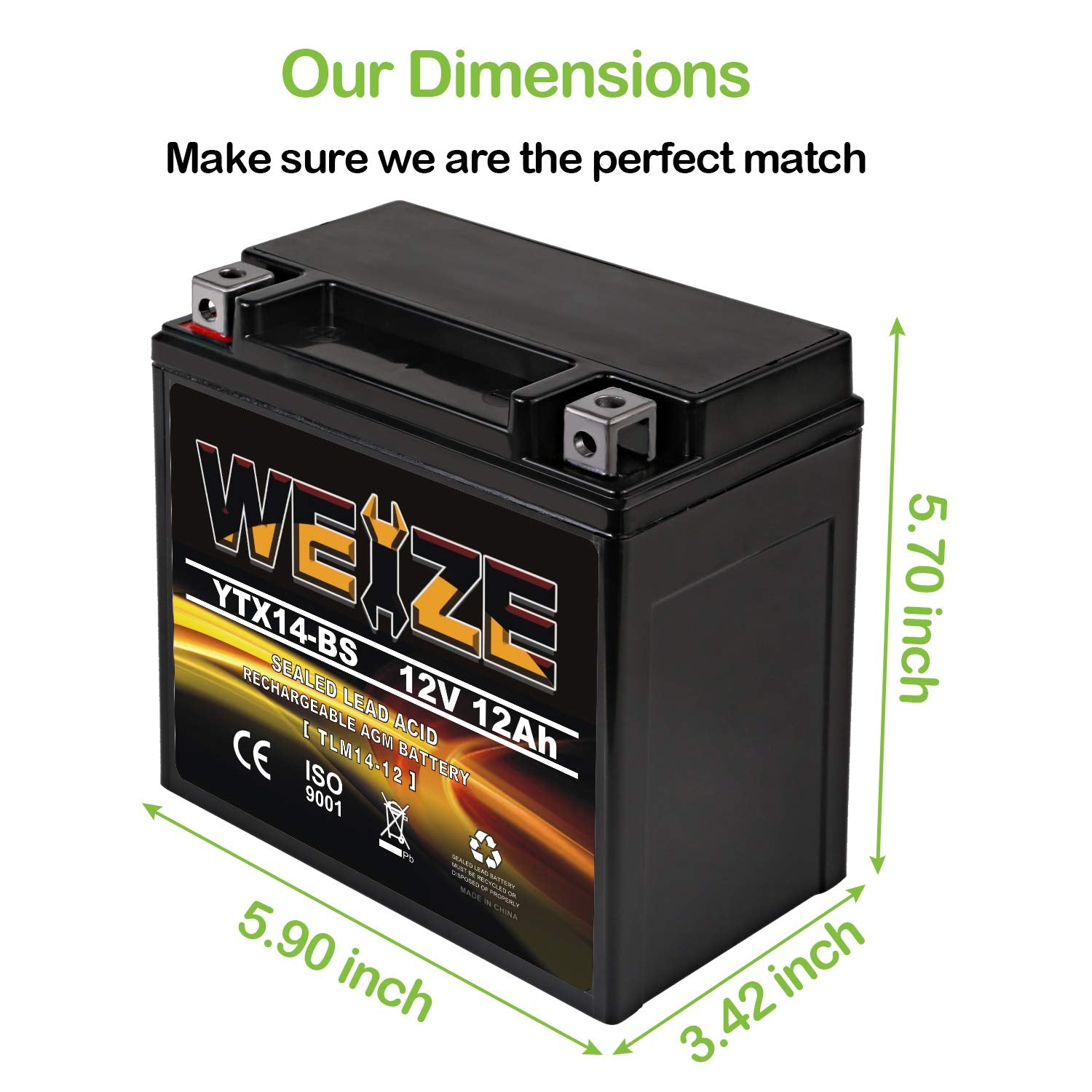 Weize Ytx14 Bs Atv Battery High Performance - Maintenance Free - Sealed Agm Ytx14-Bs Motorcycle Battery Compatible With Honda Suzuki Kawasaki Yamaha Scooter Snowmobile