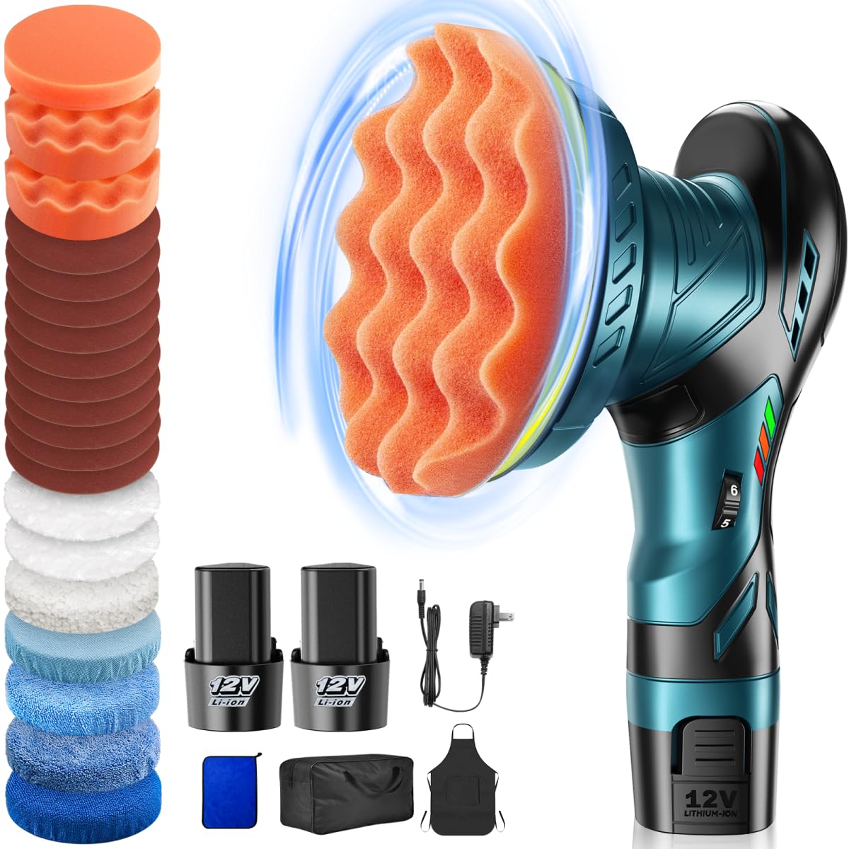 Cordless Car Buffer Polisher Kit - 6 Inch Dual Action Random Polishing Wax Machine for Car Detailing,2Pcs 2000mah Batteries,6 Va