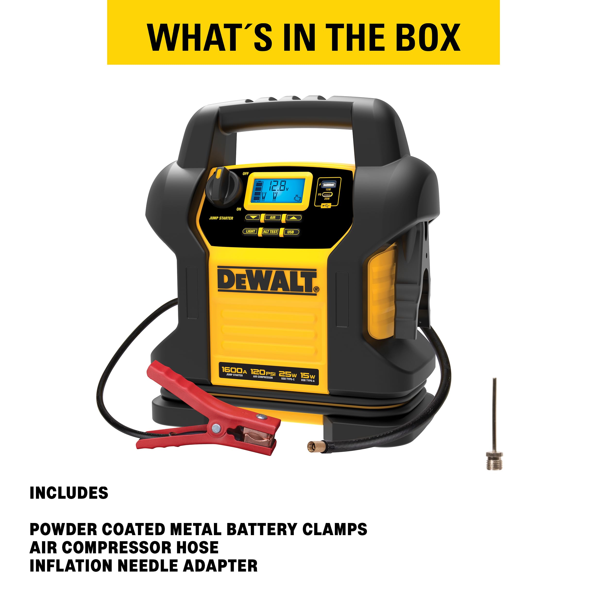 DEWALT DXAEJ14-Type2 Digital Portable Power Station Jump Starter - 1600 Peak Amps, 120 PSI Compressor, USB-A & USB-C Charging