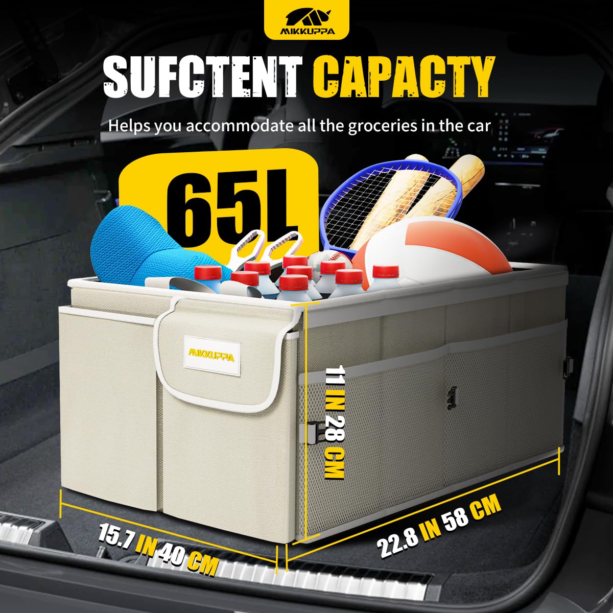 Mikkuppa Car Trunk Organizer - 65L Collapsible Trunk Organizer With Lid, Sturdy Car Storage For Suv Auto Truck Van With Adjustab