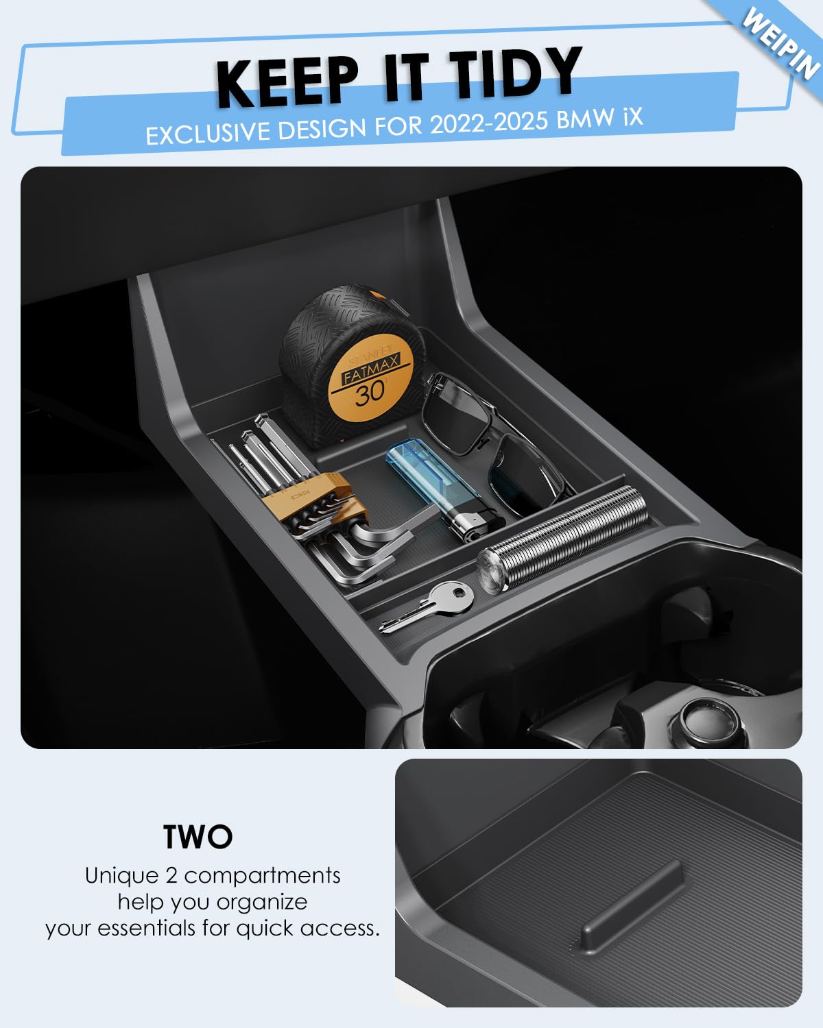 For BMW iX Lower Console Tray - Compatible with 2022-2025 BMW iX Center Console Organizer Tray [Car Food Tray] [2-Compartment][2
