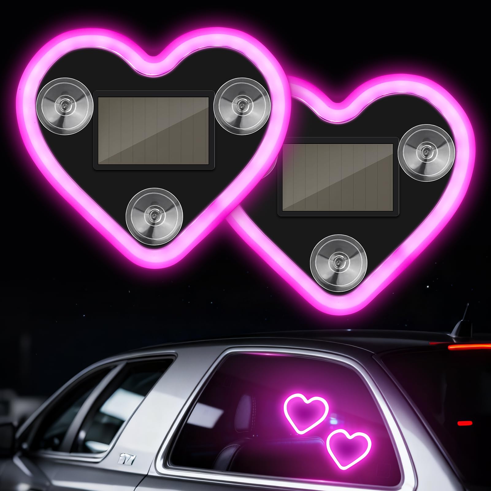2Pcs Car LED Ambient Light, Solar Powered Heart Shape Lights, LED Neon Light for Car Back Window Decoration, Night Driving, 5 Mo