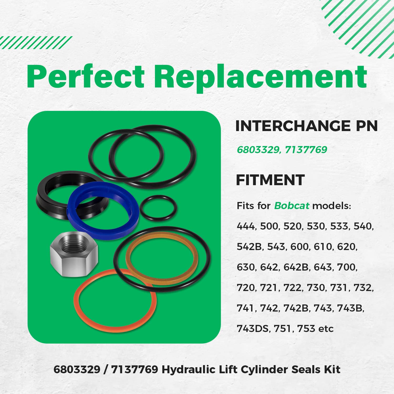 (1 Set) 6803329/7137769 Hydraulic Lift Cylinder Seals Kit Fits For Bobcat 444, 500, 520, 530, 533, 540, 542B, 643, 731, 743 Etc