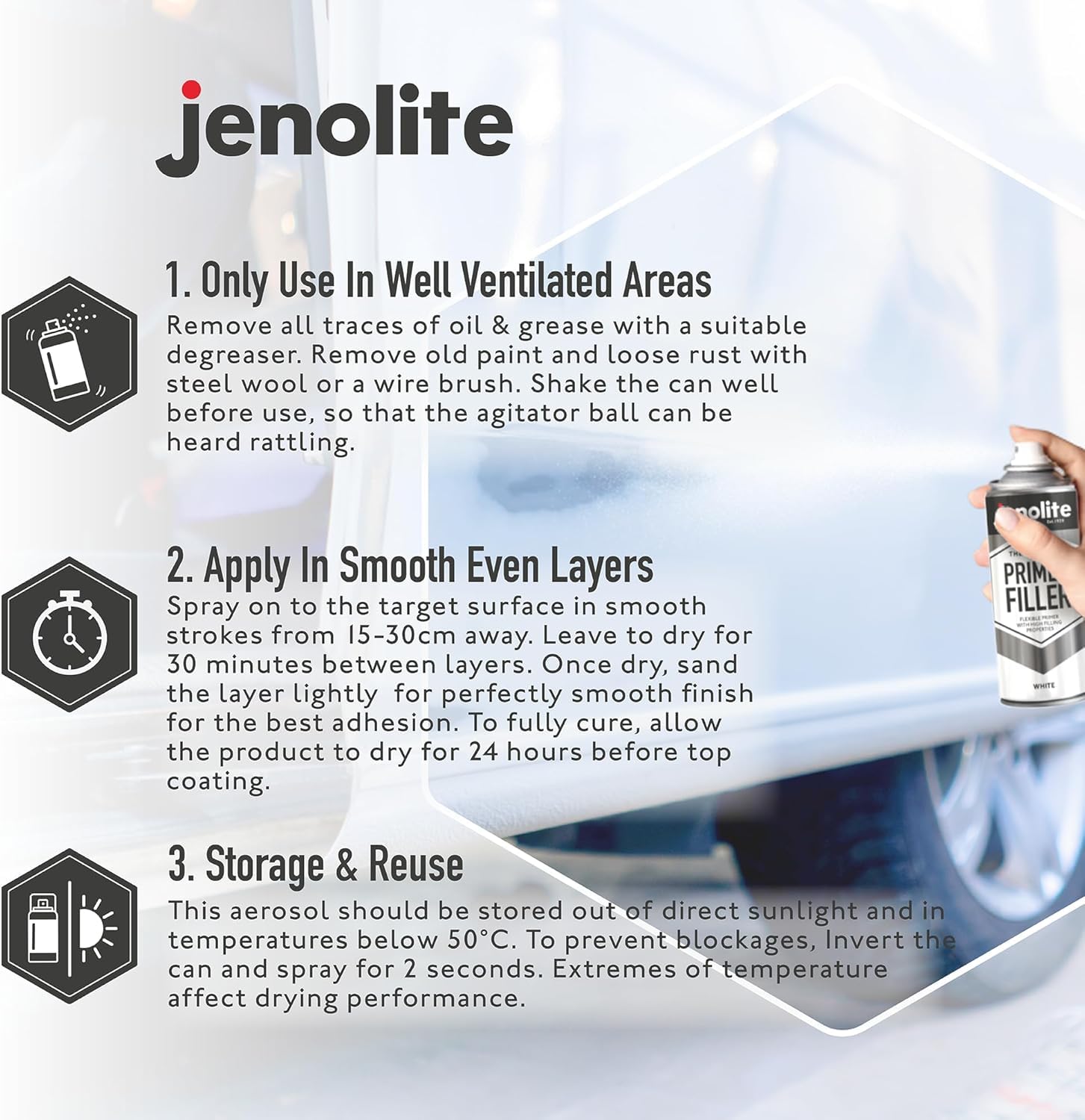 Jenolite Primer Filler Aerosol Paint | White | Flexible Primer With High Filling Properties | Fills Small Dents & Scratches For