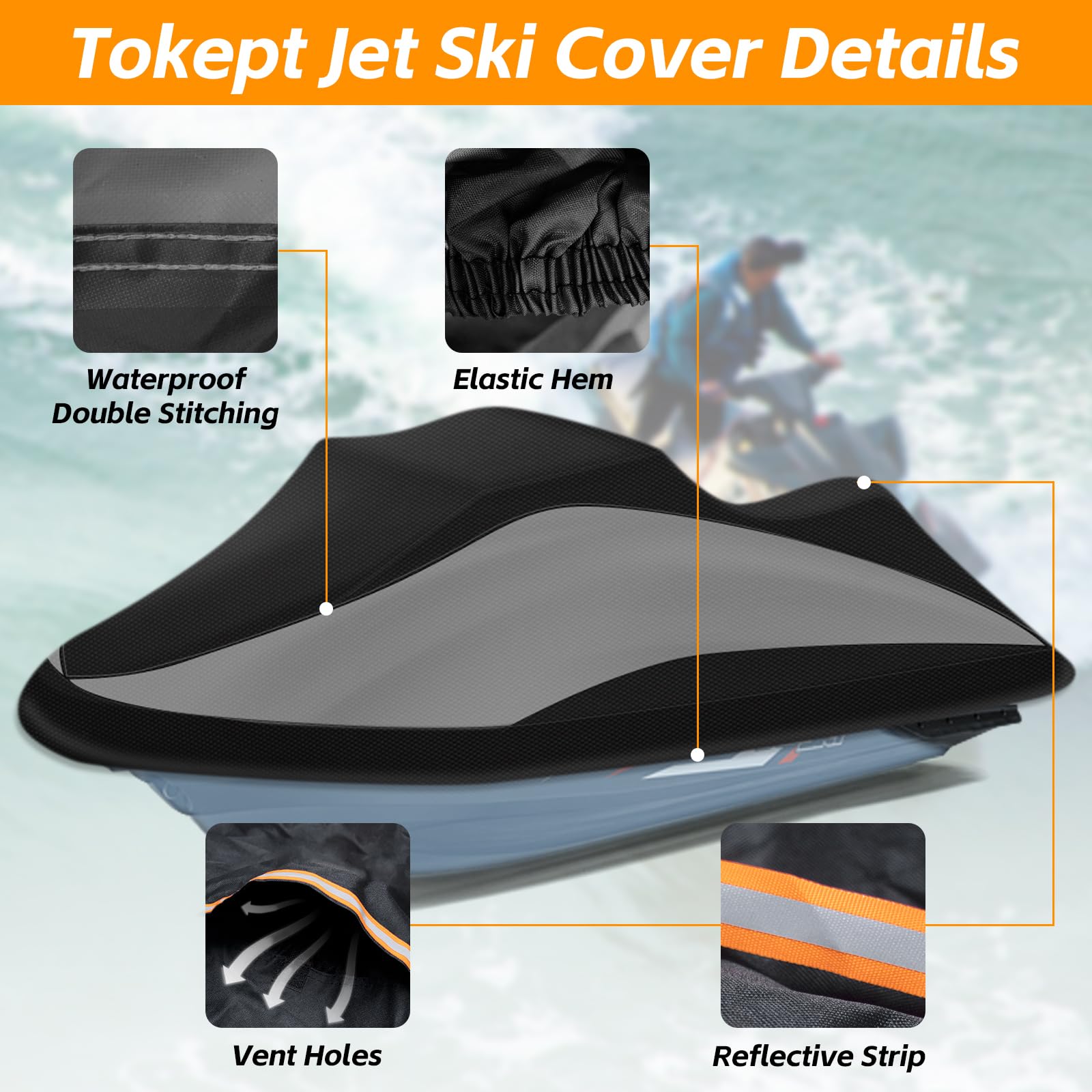 Tokept Trailerable Jet Ski Cover, 300D Heavy Duty Waterproof Pwc Cover With Reflective Strip Vents, Fits Seadoo, Yamaha, Gtx, Ka