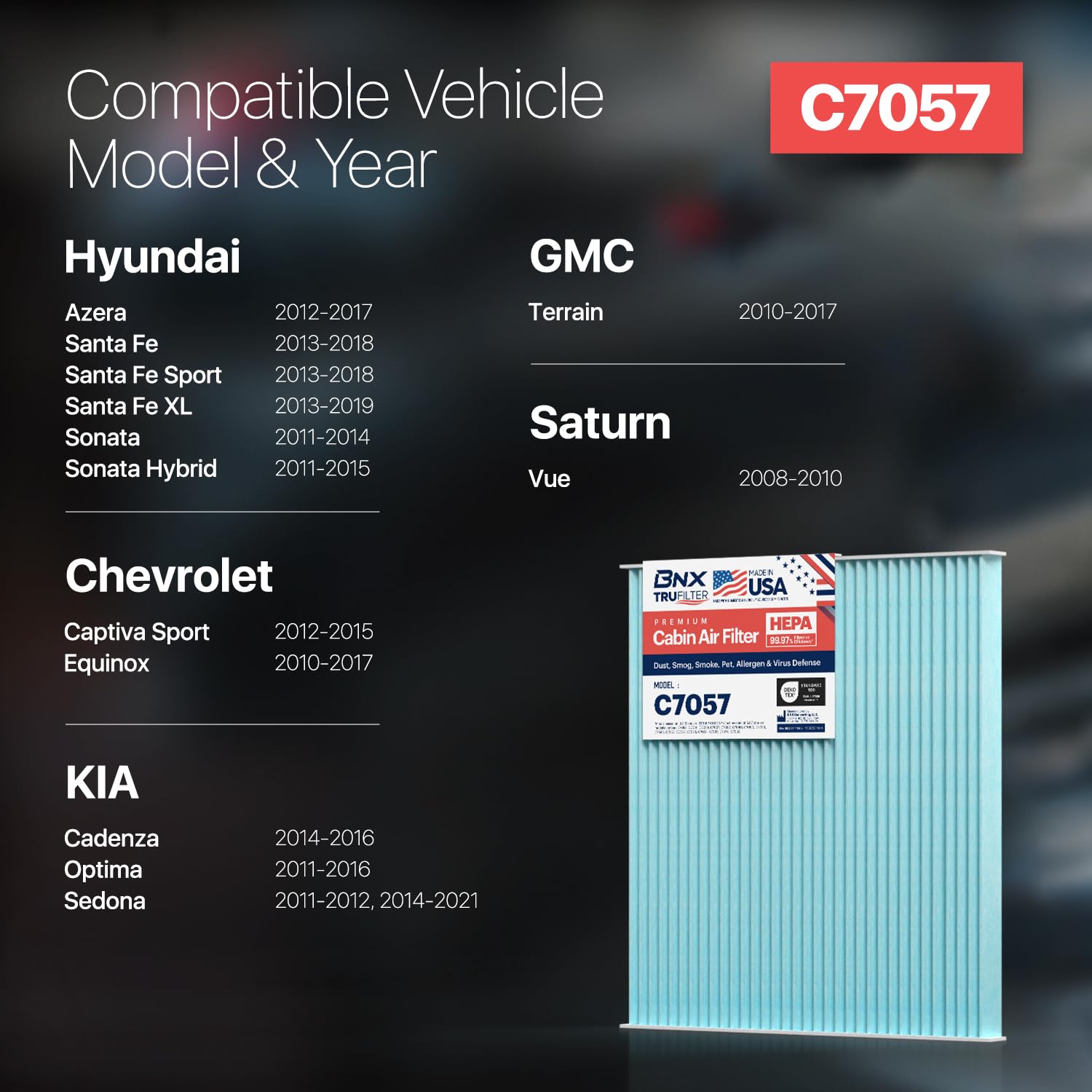 Bnx Trufilter C7057 Cabin Air Filter, Hepa 99.97%, Made In Usa, Compatible With Chevrolet Captiva, Equinox, Gmc Terrain, Hyundai