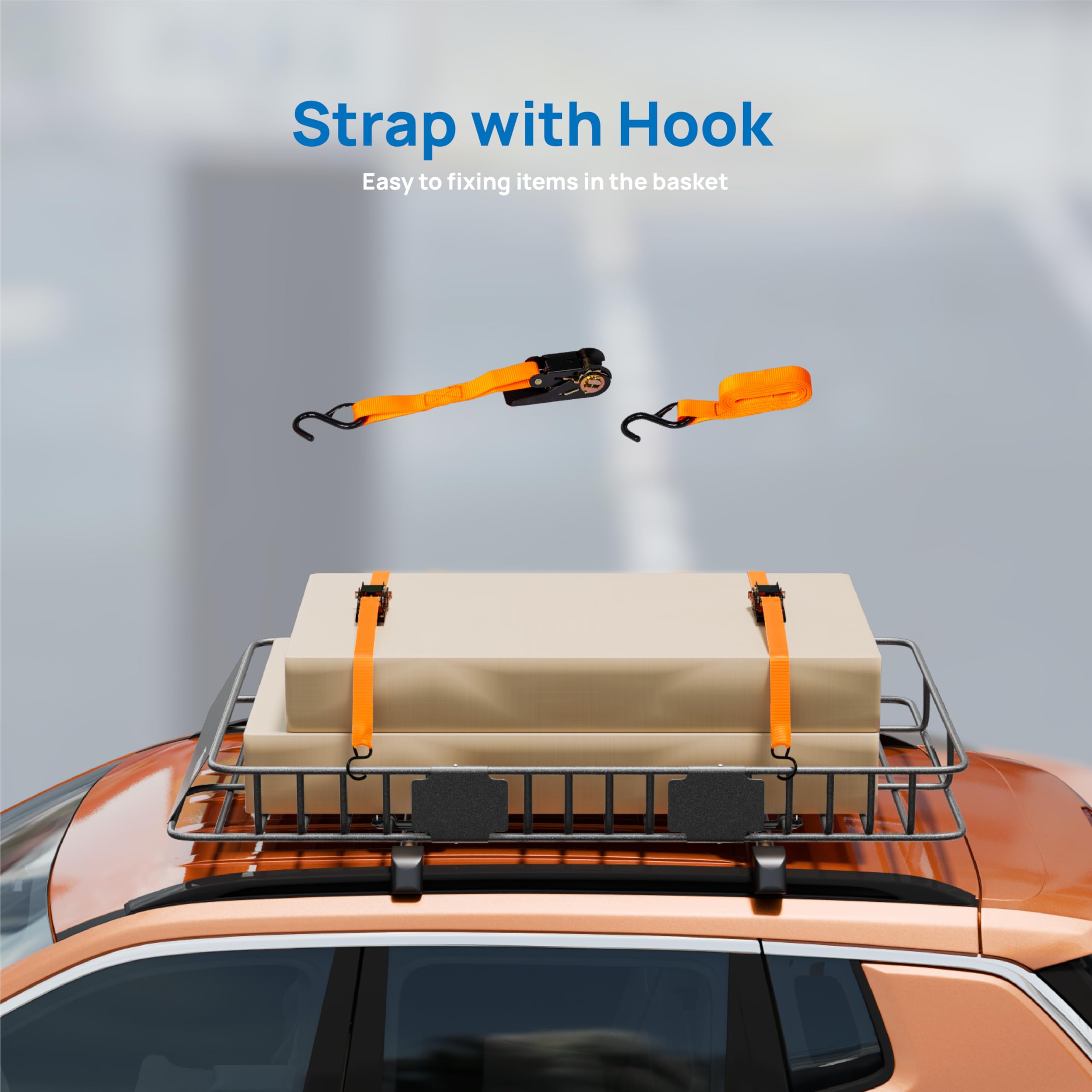 Tuffiom 64''X 39''X 6'' Universal Rooftop Cargo Carrier Basket, Extendable Steel Roof Rack Basket W/Straps With Hook, Heavy Duty