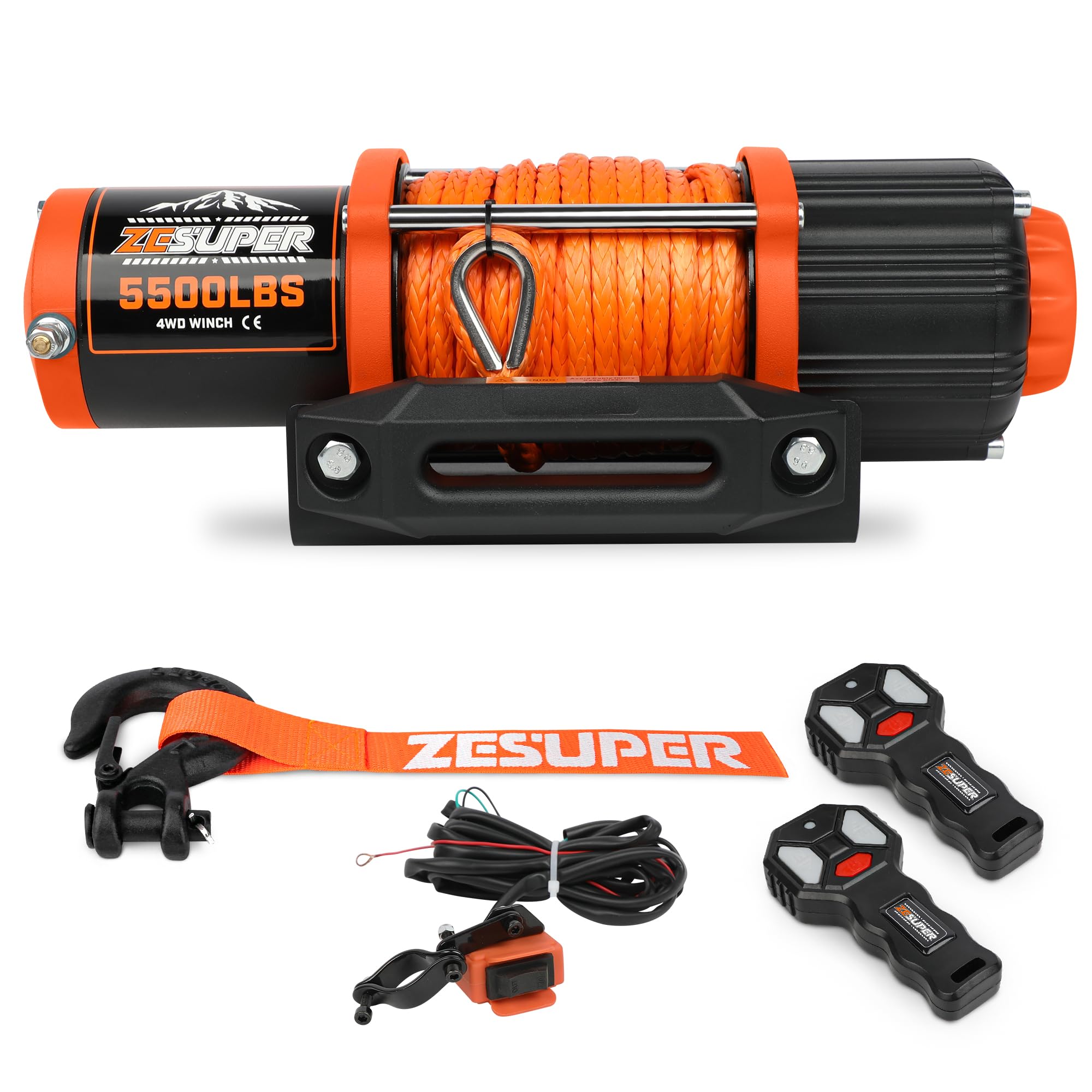 ZESUPER 5500 lb Electric Winch 12 Volt Winch Kit for ATV UTV Boat Trailer Waterproof IP67 Synthetic Rope with Wireless Remote Ha