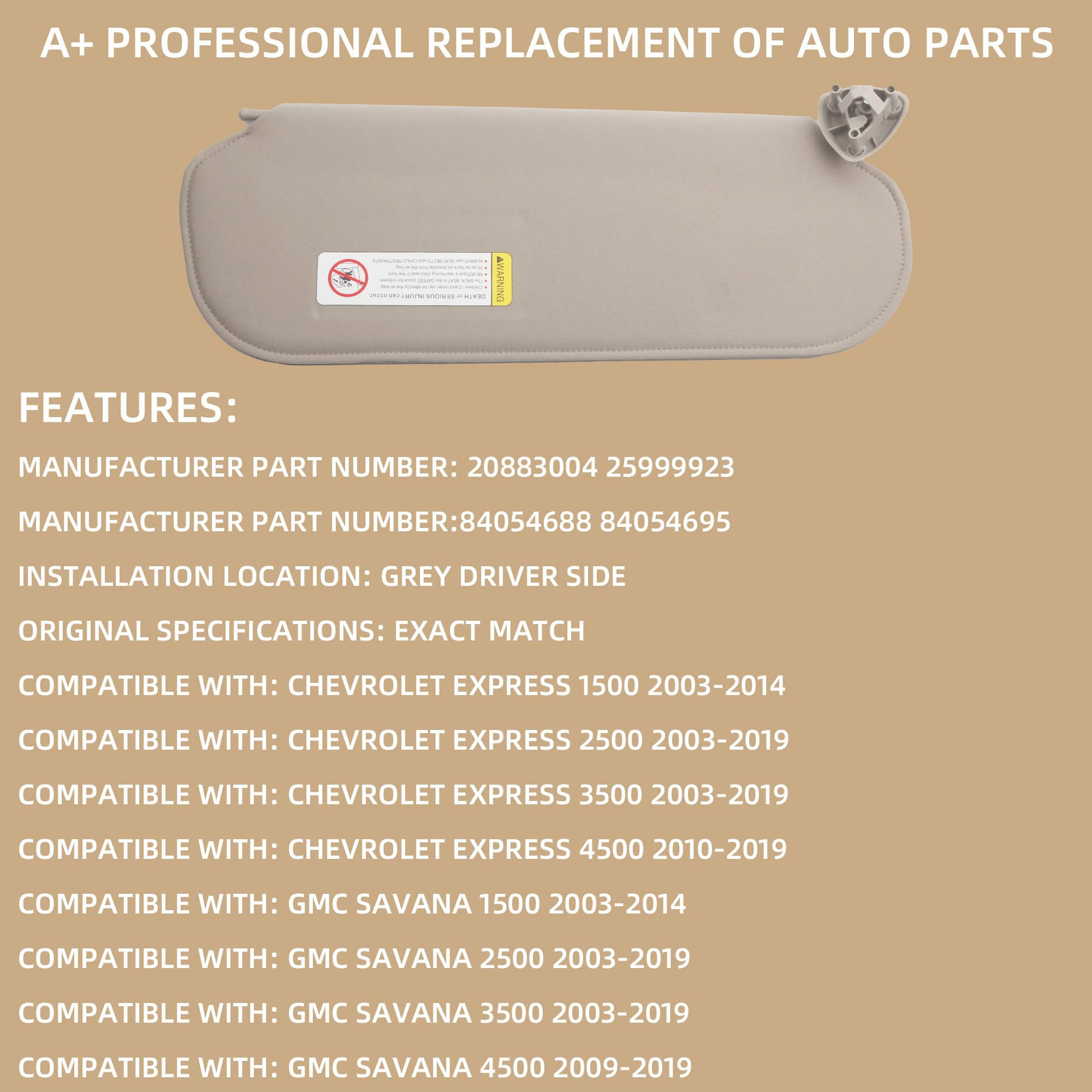 Dasbecan Gray Left Driver Side Sun Visor Compatible With Chevrolet Express Gmc Savana 1500 2500 3500 4500 1999-2019 Replaces# 84