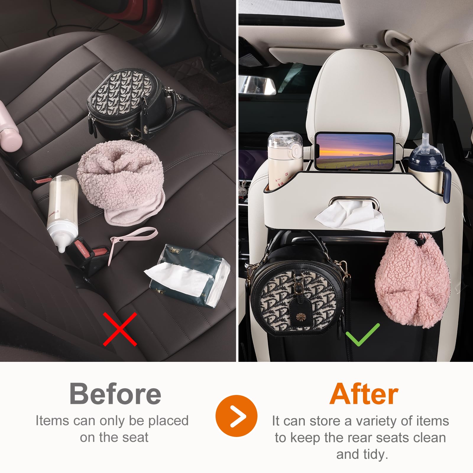 Sancaral Car Rear Backseat Extra Multifunctional Drink Cup Holder Organizers with Tissue Storage Box Organizer & Hooks for Car S