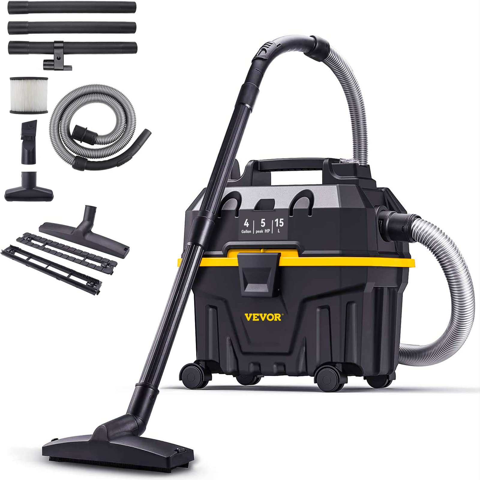 VEVOR Wet Dry Vac, 4 Gallon, 5 Peak HP, 3 in 1 Shop Vacuum with Blowing Function Portable Attachments to Clean Floor, Upholstery