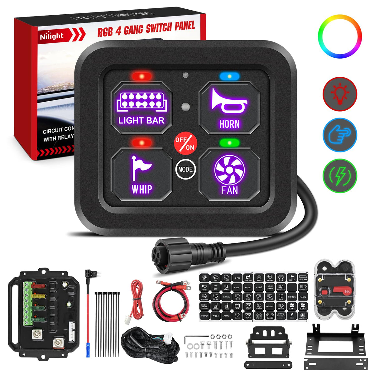Nilight 4 Gang Switch Panel 12V 24V Universal Circuit Control Relay System With Rgb Backlight Fuse Wiring Harness Automatic Dimm