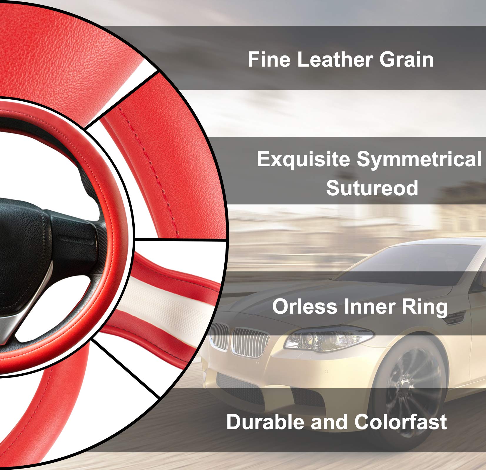 Evankin Red Leather Steering Wheel Cover, Comfortable And Soft Solid Color Universal Steering Wheel Cover 15 Inch, Suitable For