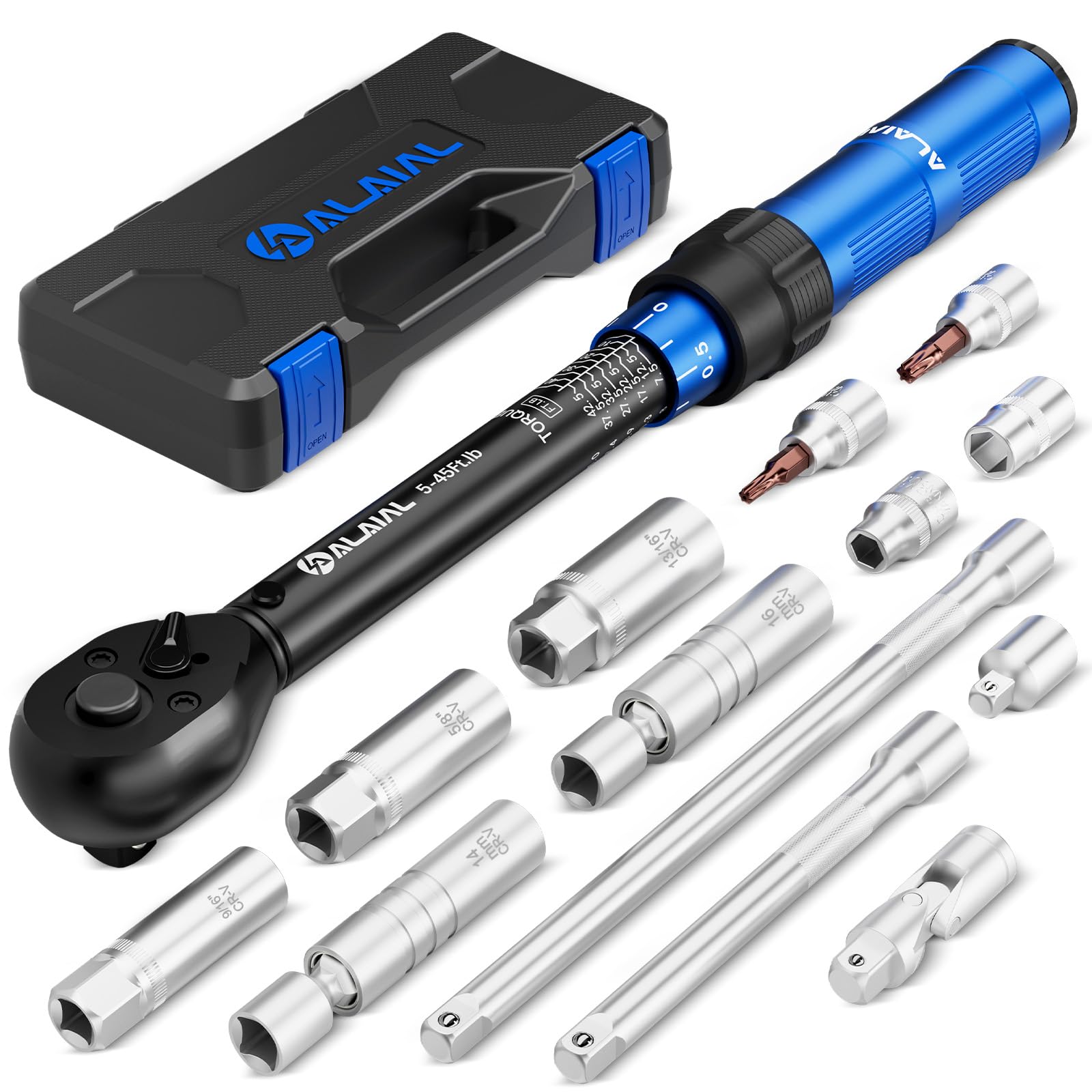 ALAIAL 3/8 Inch Drive Magnetic Spark Plug Socket Set with Click Torque Wrench 5-45FT.LB/6.8-61Nm, 14PCS Swivel Spark Plug Socket
