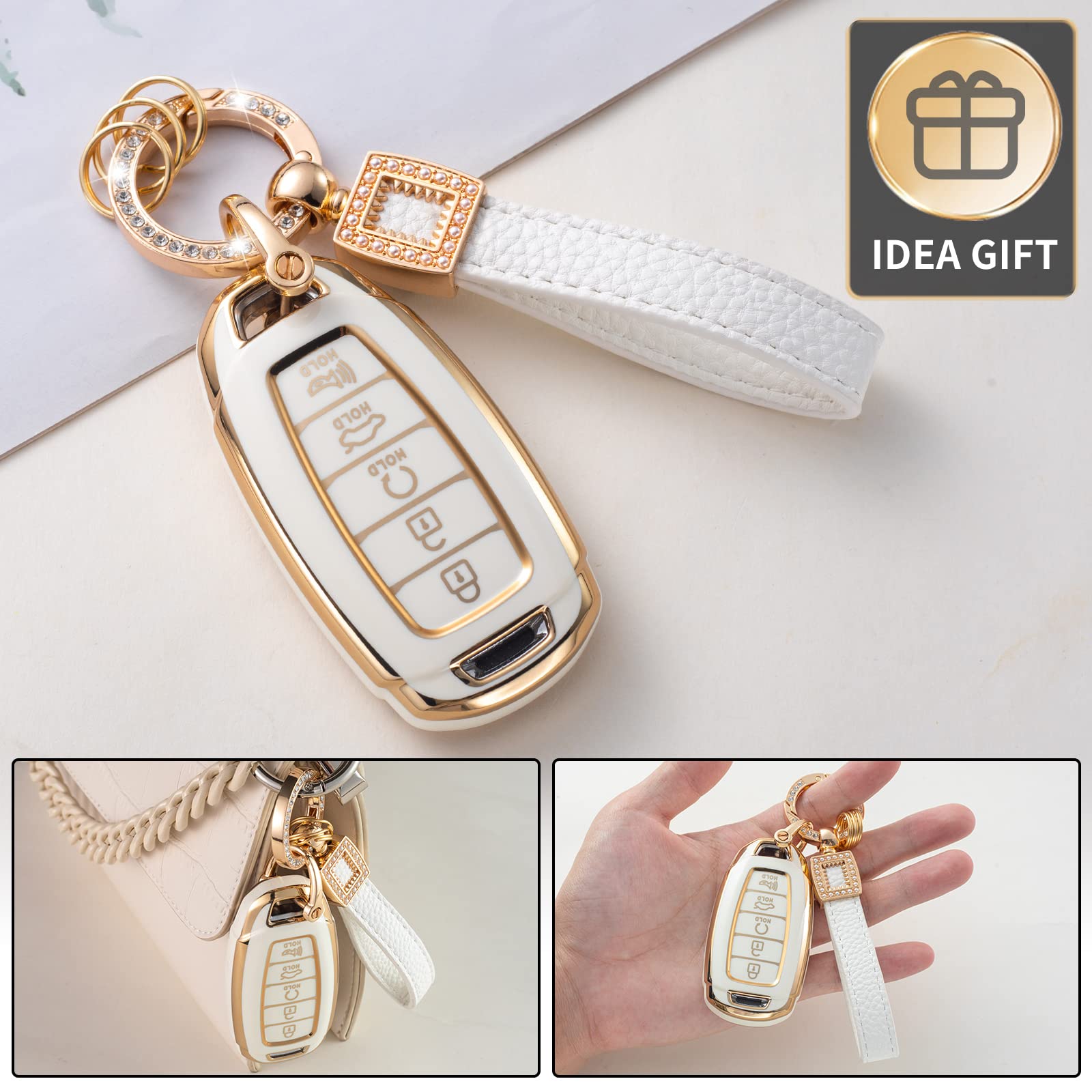 Cacarlike For Hyundai Key Fob Cover With Leather Lanyard, Car Key Fob Case Compatible With Elantra Gt Sport Santa Fe Palisade Ko