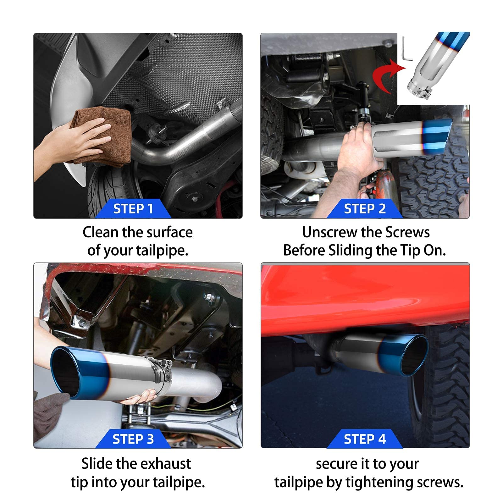 Autosaver88 3 Inch Exhaust Tip, 3 Inlet 4 Outlet 12 Overall Length Chrome Polished Stainless Steel Exhaust Tail Tip For 3 Outer Diameter Tailpipe, Rolled Angle Cut, Bolt/Clamp On, Burnt Blue