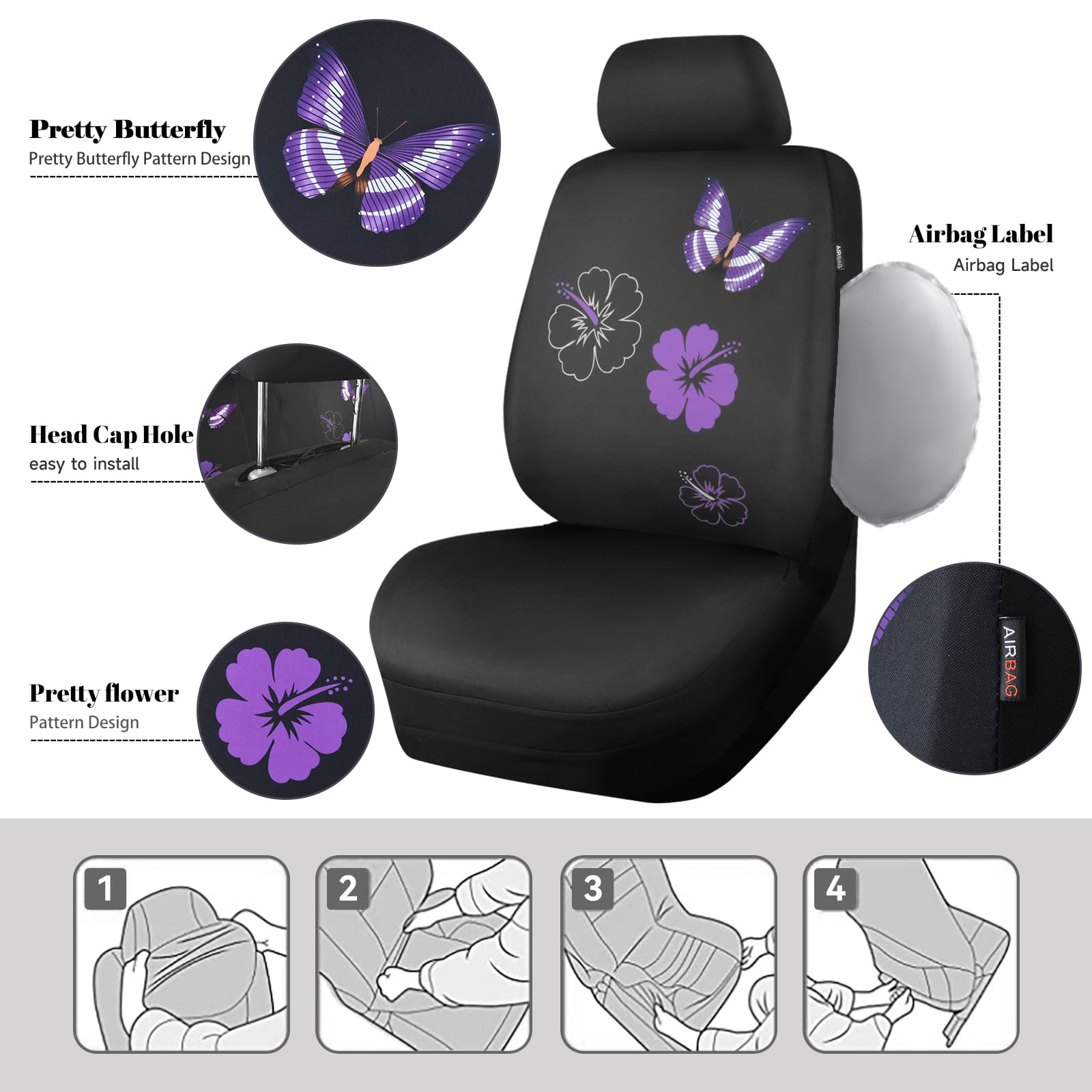 Car Pass Universal Butterfly Car Seat Covers Front Set, Embroidered Flower Waterproof Car Floor Mats Carpet, Butterflies Steerin