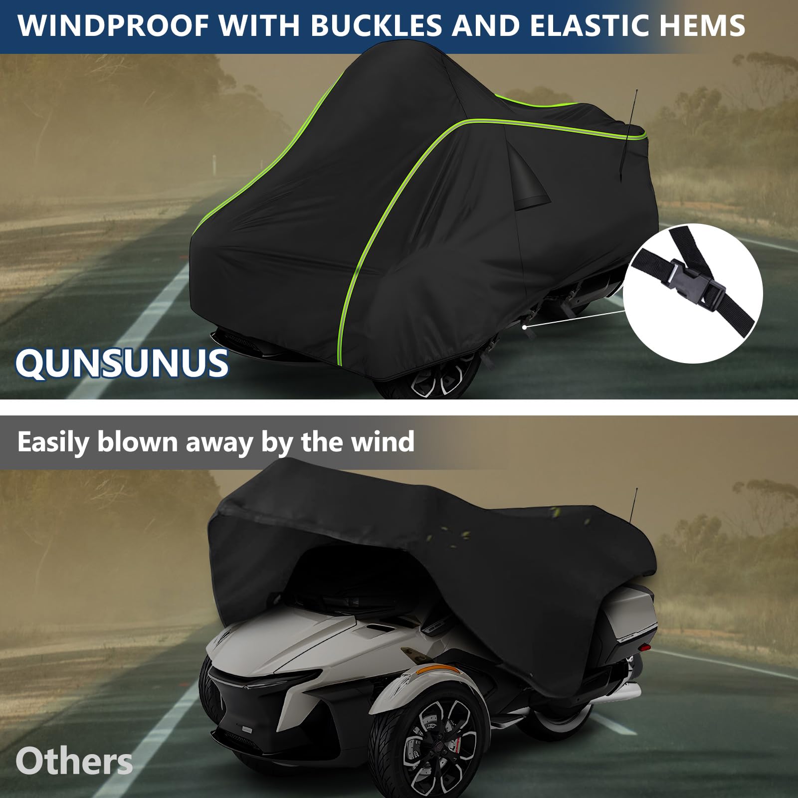 Qunsunus Waterproof Motorcycle Cover For Can-Am Spyder Rt 2020-2023, 420D Trike Motorcycle Cover With Elastic Hem And Buckle For