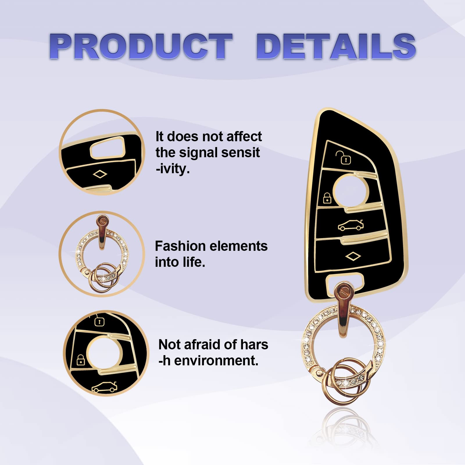 Soft TPU Key Fob Cover Case Shell Protector Car Key with Bling Keychain for Accessories Key Cover Compatible with BMW 2 5 6 7 Se