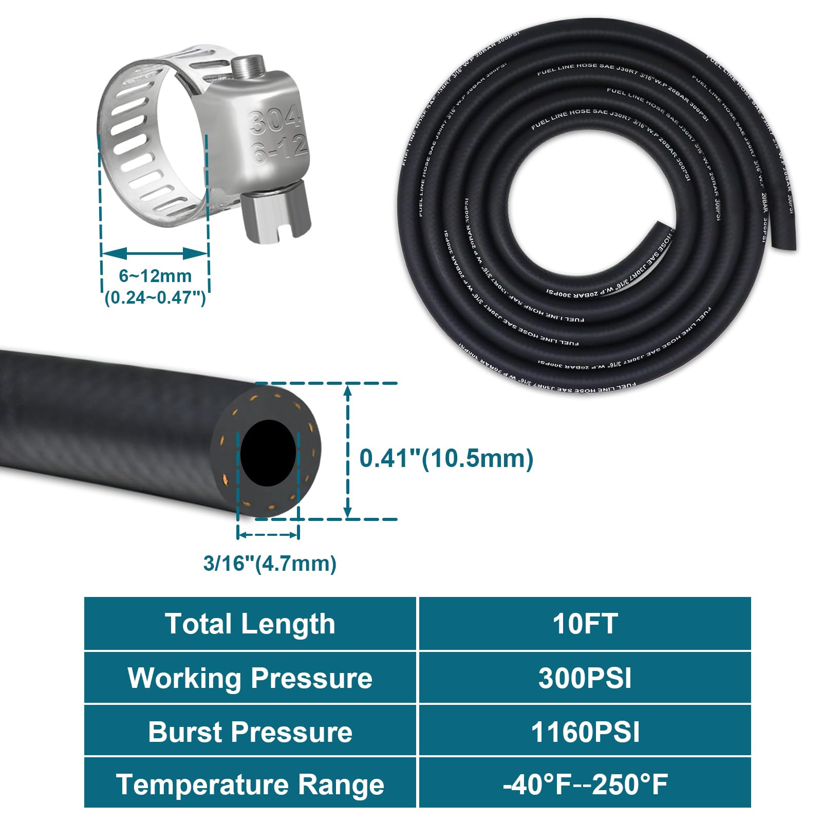 Vwtni 3/16 Fuel Line, Fuel Line Hose 10 Feet, Nbr Rubber Gasoline Tube With 10 Pcs Stainless Steel Fuel Line Clamps, Fuel Line K