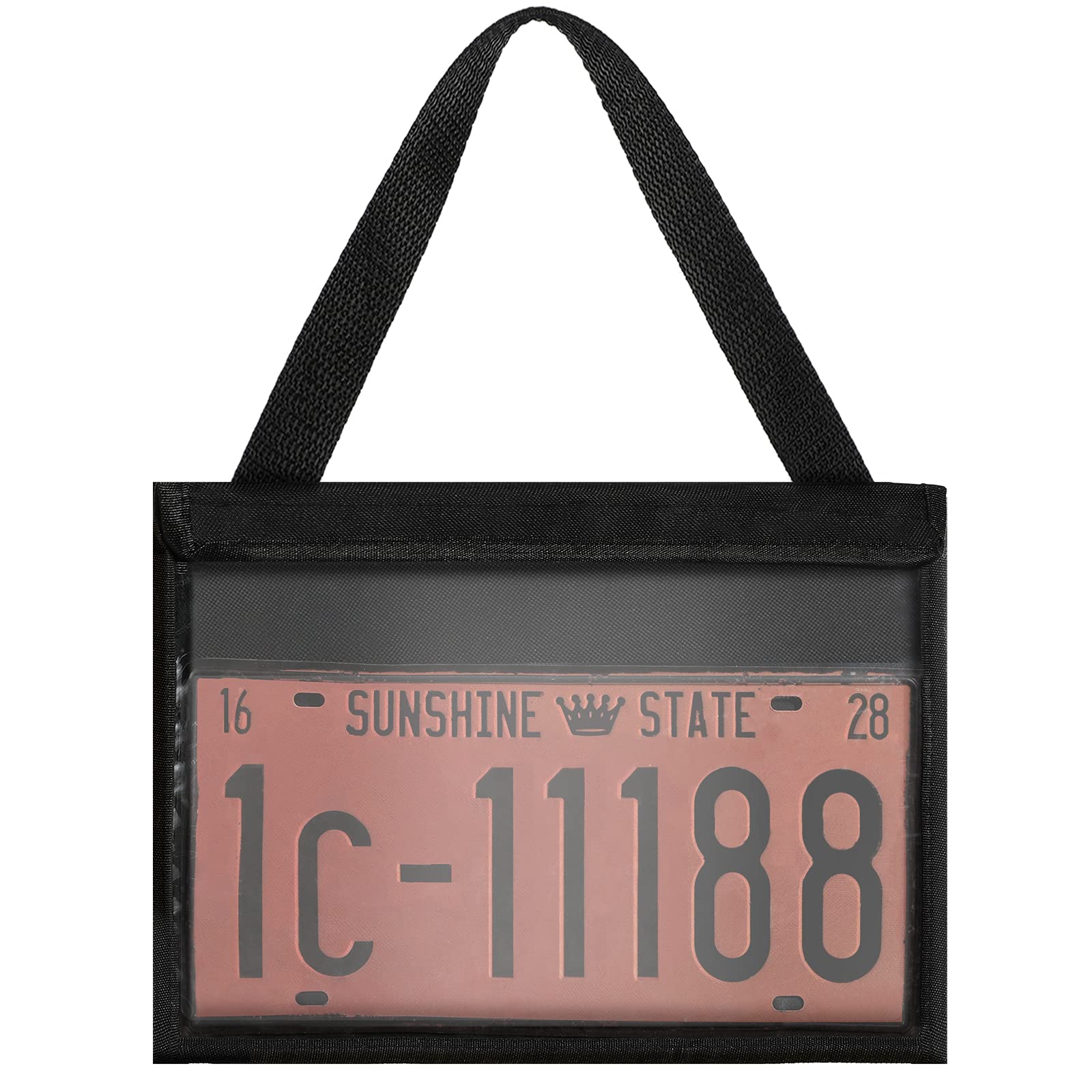 Frienda 1 Piece License Plate Holder with Hanging Strap Dealer Plate Holder Test Drive Tag Bag Black Frame Cover and Bracket for