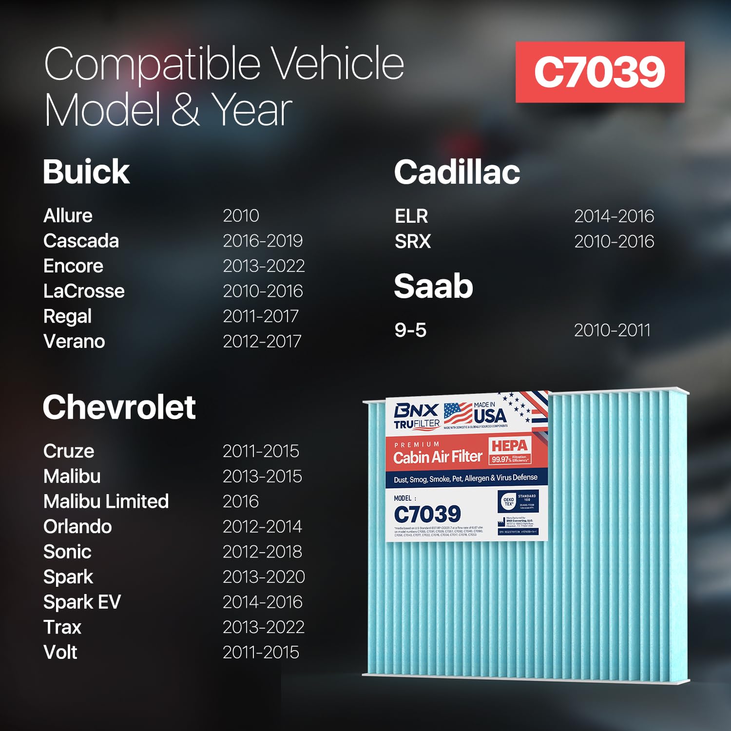 Bnx Trufilter C7039 Cabin Air Filter, Hepa 99.97%, Compatible With Chevrolet: Cruze, Malibu, Orlando, Sonic, Spark, Trax, Volt;