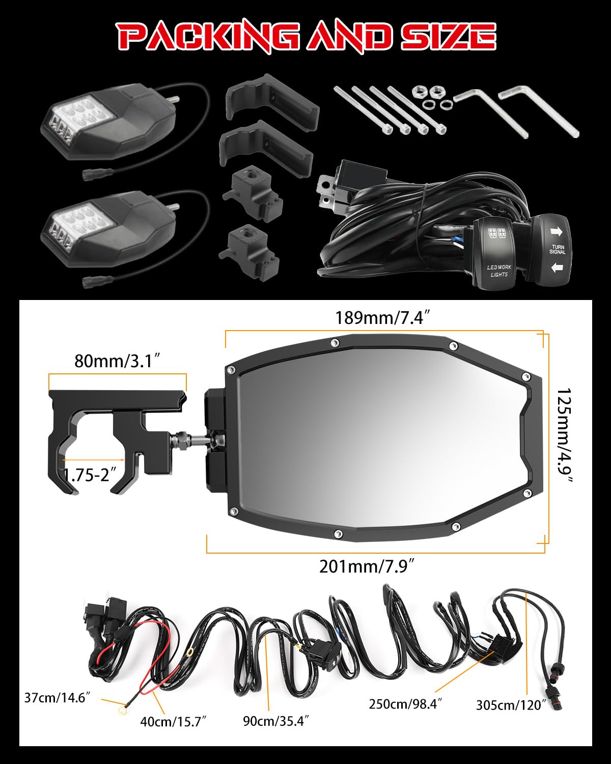 Braveway Side View Mirrors With Turn Signal + Work Lights Flood Beam For Atv Utv 1.75'-2', Compatible With Pioneer Polaris Rzr Side By Side Can Am X3 Kawasaki Teryx Mule Yamaha Rhino Wolverine