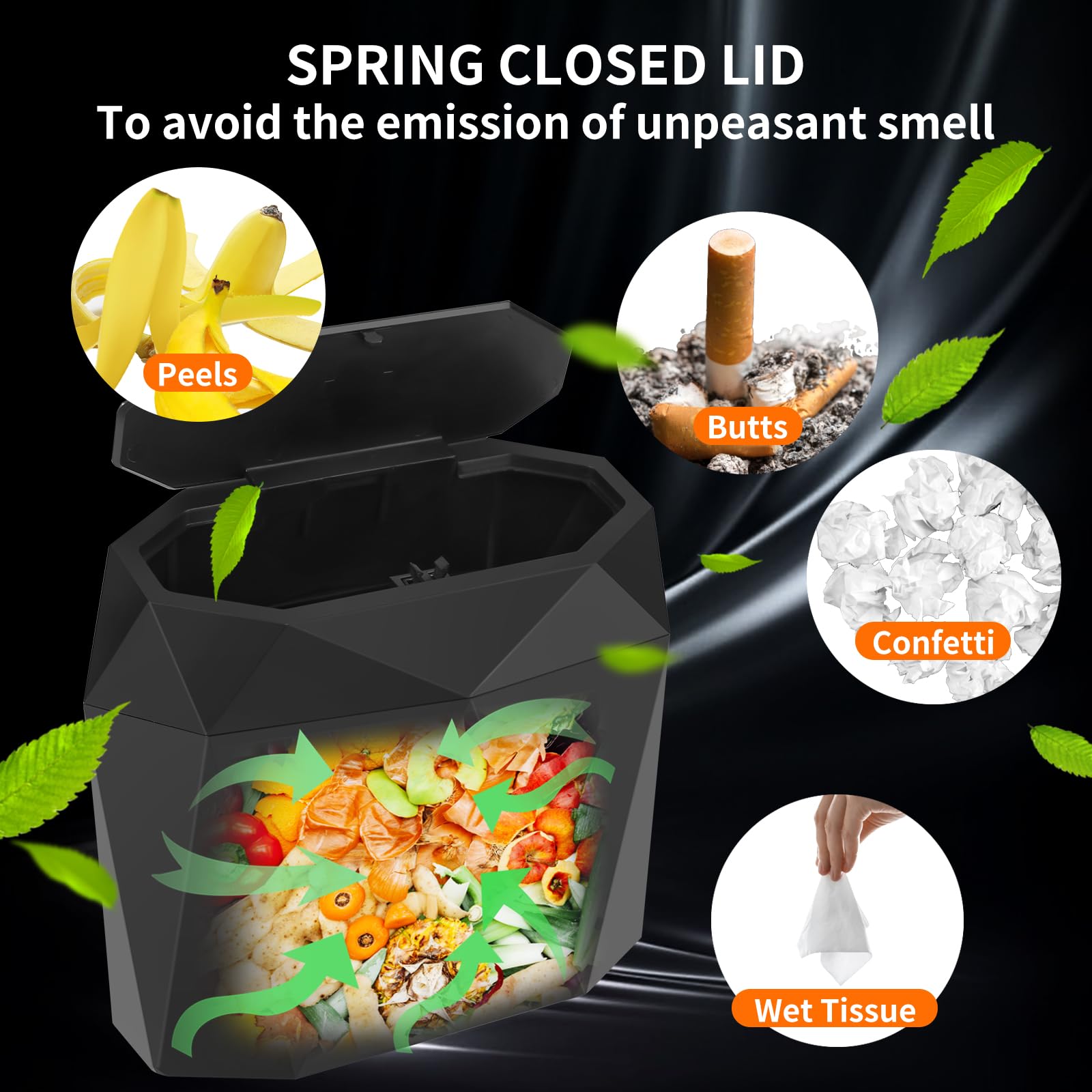 Wontolf Mini Car Trash Can Bin With Lid, Small Car Garbage Can With 60Pcs Trash Bags, Abs Diamond Design Dustbin Car Organizer Container Car Accessories For Car/Office/Home Black