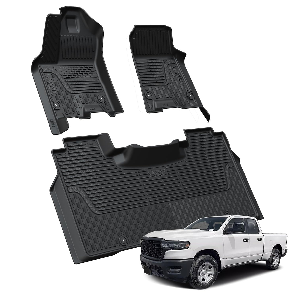 Lasfit Floor Mats For Ram 1500 Crew Cab 2025 With Rear Under-Seat Factory Storage Bucket Seat, All Weather Tpe Custom Fit Car Ma