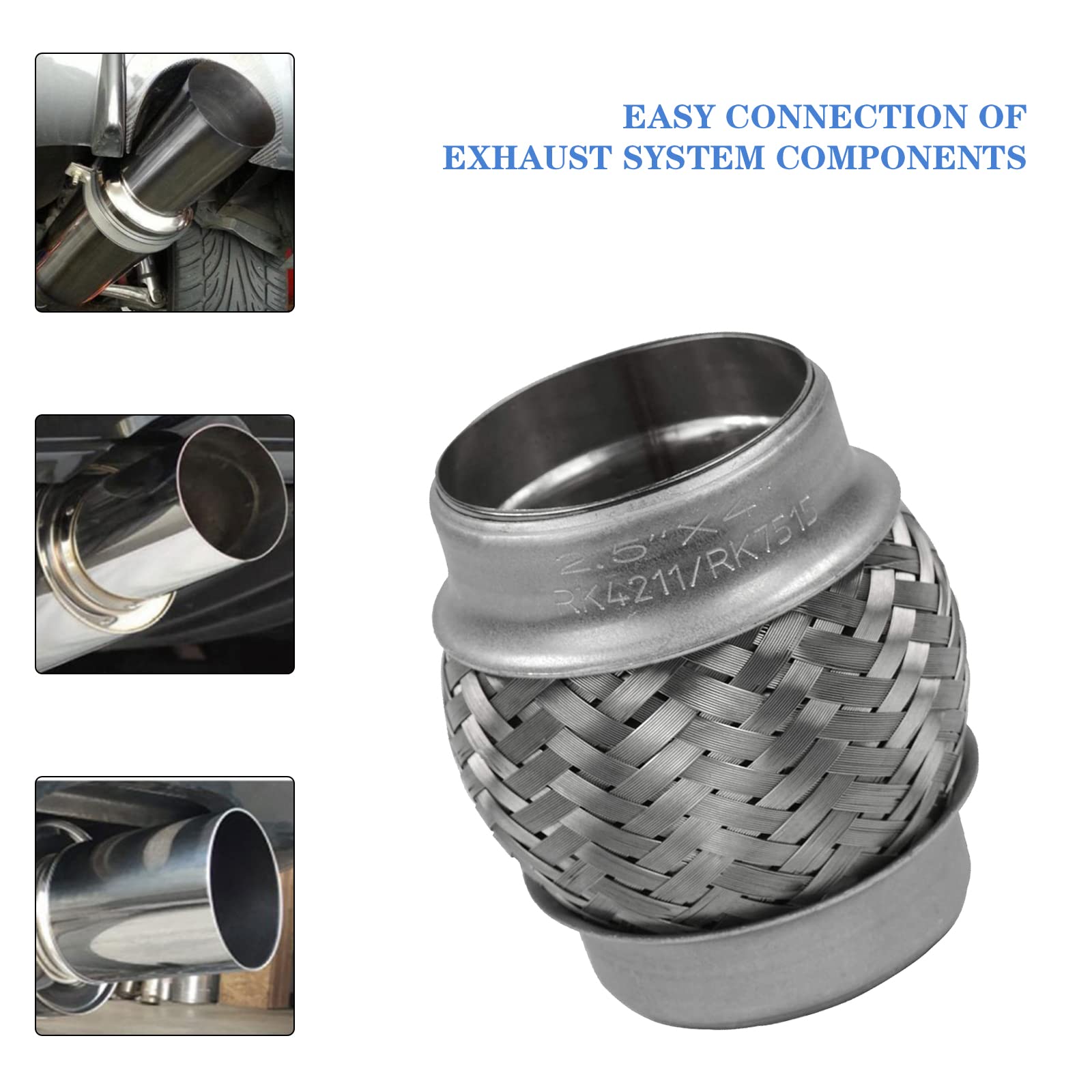 Rp Remarkable Power, 2 Pack 2.5 Inch Inlet Exhaust Flex Pipe,2.5 Id X 4 Length Flexible Tube,Stainless Steel Double Braid Heavy