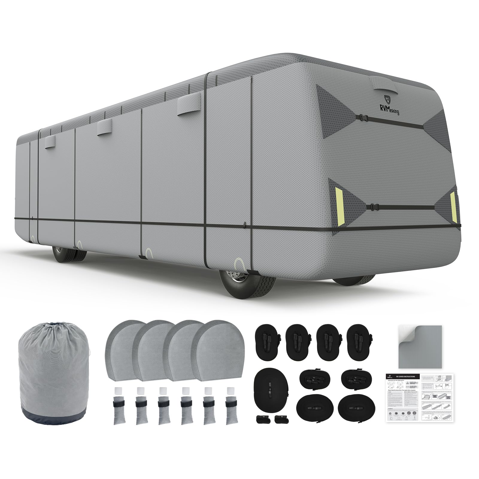 RVMasking Class A RV Cover, 341-38 Heavy Duty 7 Layers Top Class A Motorhome Cover with 4 Tire Covers, Windproof Rip-Stop Anti