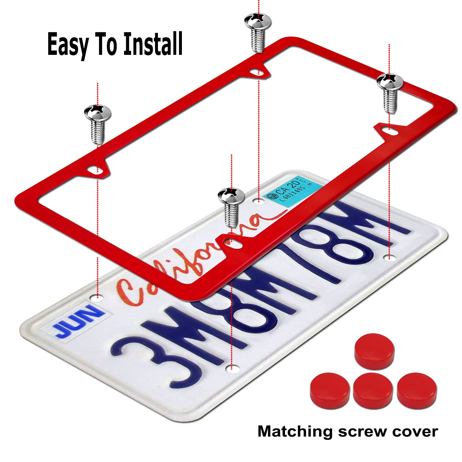 Youoy Red License Plate Frames- Aluminum Front Rear Car Tag Covers For Men Women, 2 Pack 4 Hole Thin Slim Holders With Mounting Hardware Kit- Stainless Steel Screws, Rattle Proof Pads
