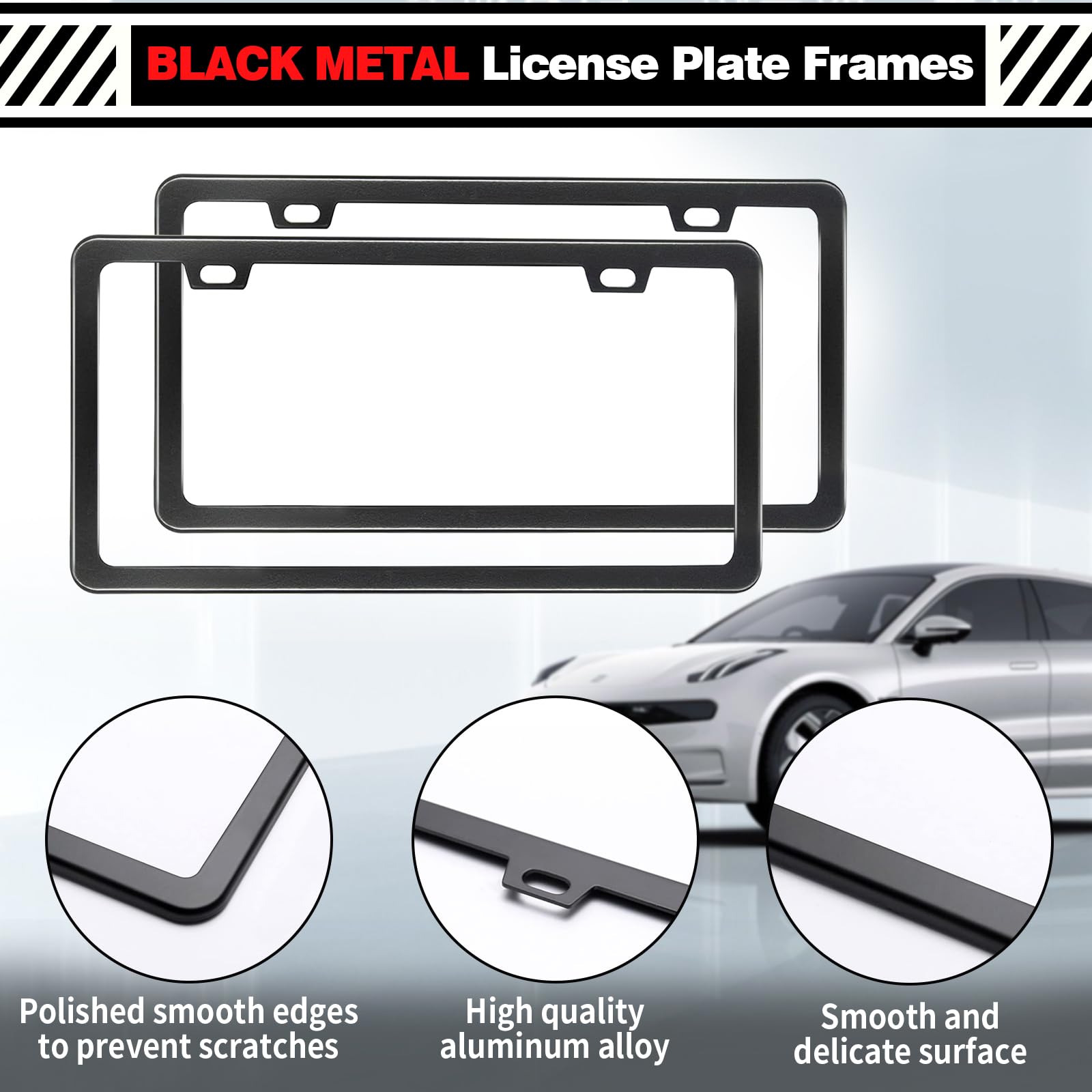 2 Pcs Matte Black License Plate Frames With 2 Holes, Thick-Coated Rust-Proof Aluminum Metal Holder, Includes Screw Caps, Univers