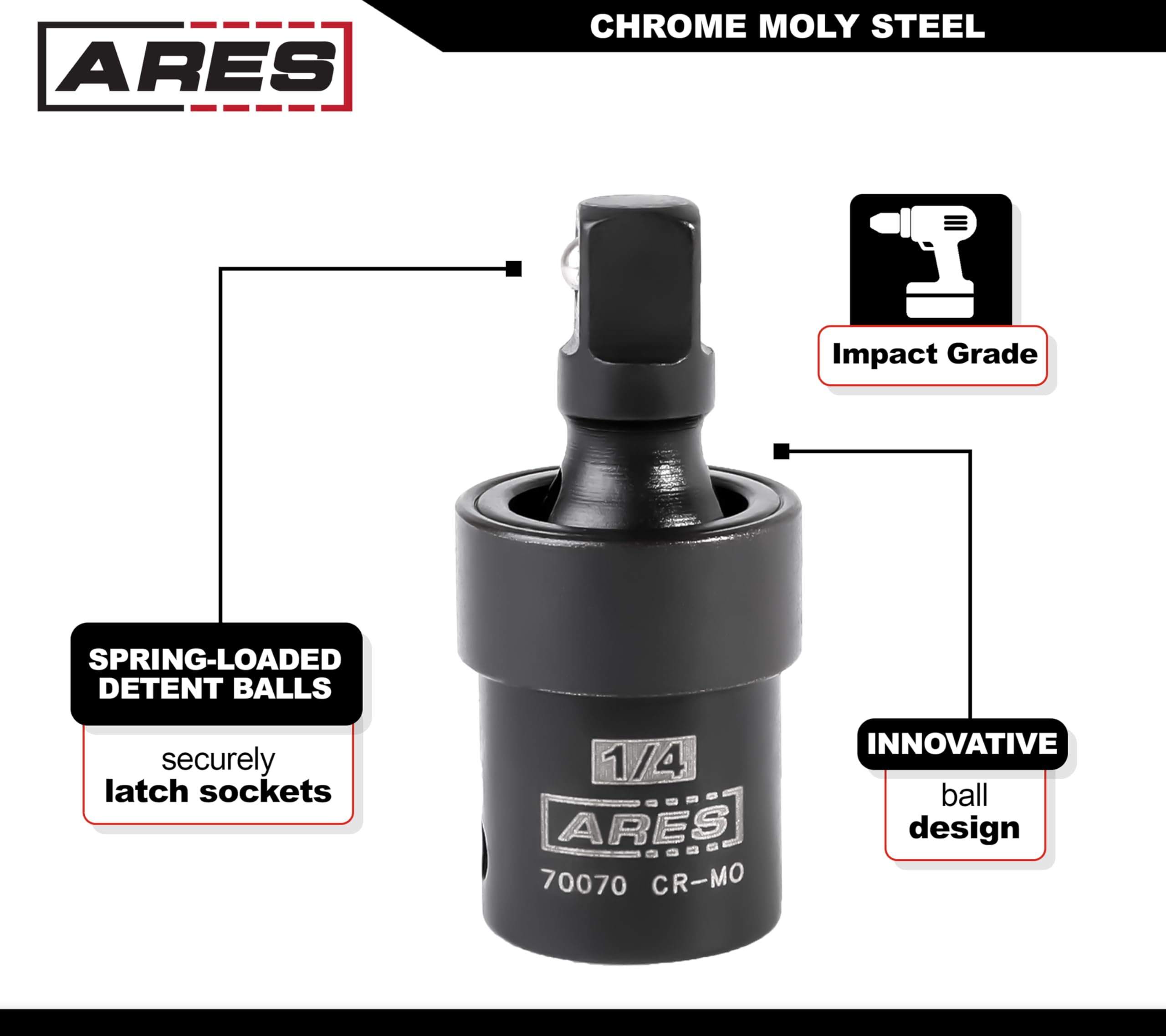 ARES 70073-3-Piece Impact Universal Joint Set - 1/4-Inch, 3/8-Inch and 1/2-Inch Drive Chrome Moly U Joint Sockets Access Hard to