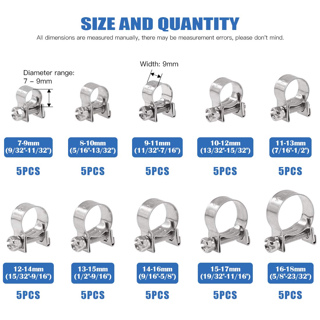 Glarks 50Pcs 7-18Mm Stainless Steel Mini Fuel Injection Hose Clamps Adjustable Pipe Hose Clip Tube Clamps Assortment Kit (Hose C