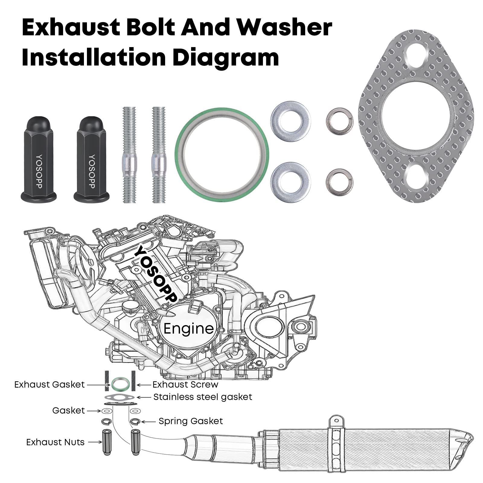 YOSOPP GY6 Exhaust Bolt Nuts Gasket for Scooters ATVs - GMB139 Engine Moped Quad 4 Wheeler Dune Buggy Go Karts - Taotao Sunl Coo