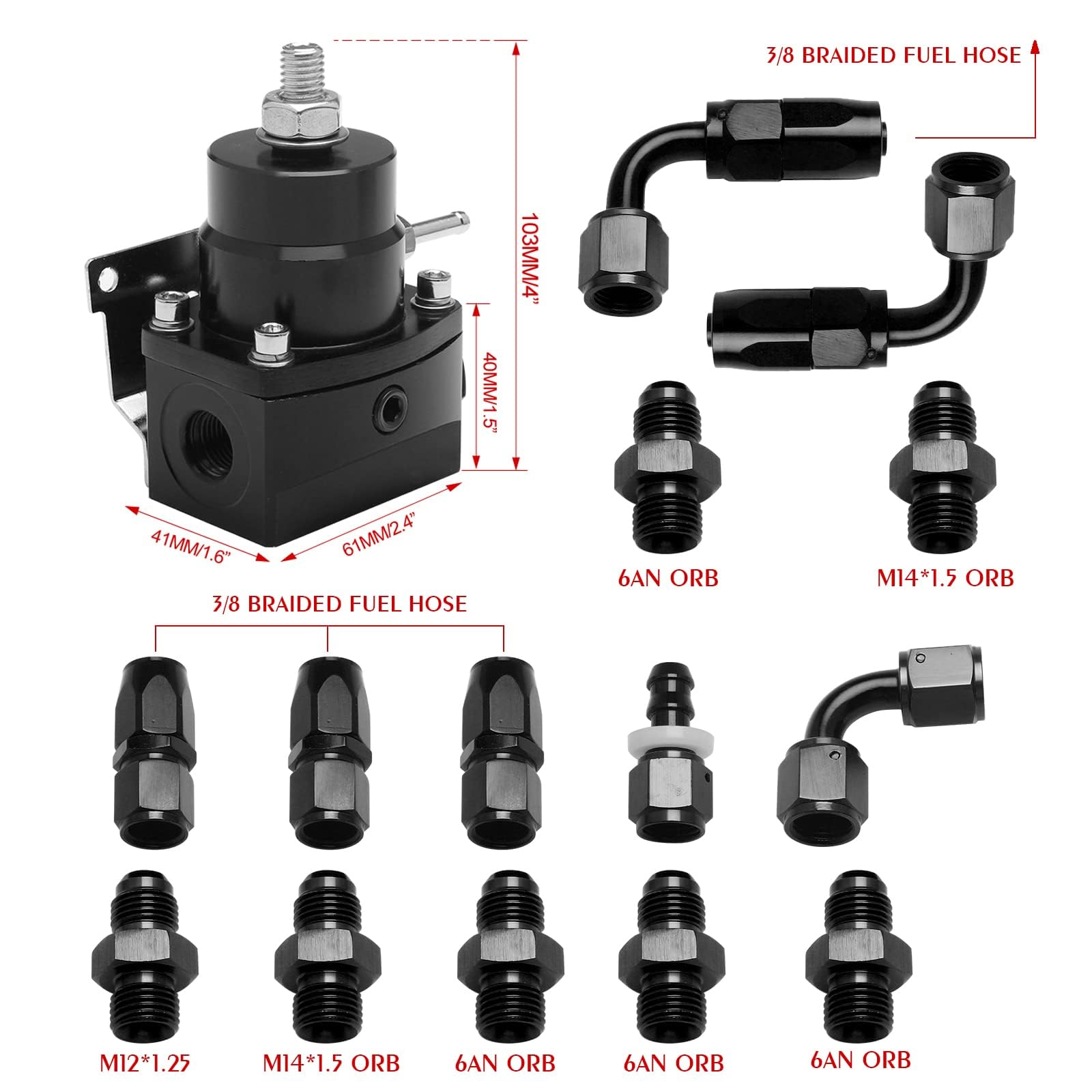 YESHMA EFI Fuel Pressure Regulator Kit 0-100psi with Gauge 6AN Fuel Line Fitting Universal Adjustable Aluminum (Black)
