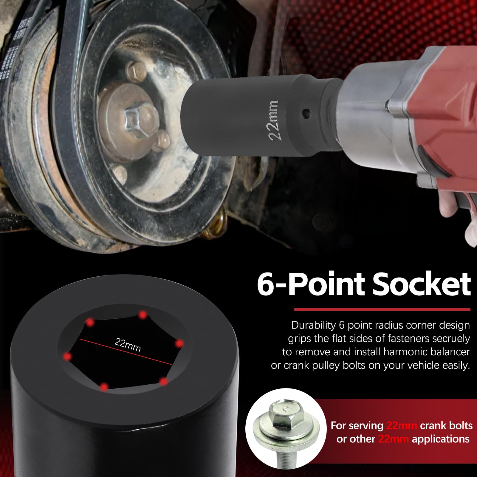 77110 22Mm Harmonic Balancer Socket Tool Crank Bolt Socket For Toyota Lexus Dodge Jeep And Ford, Deep Counter-Weighted Socket, 3