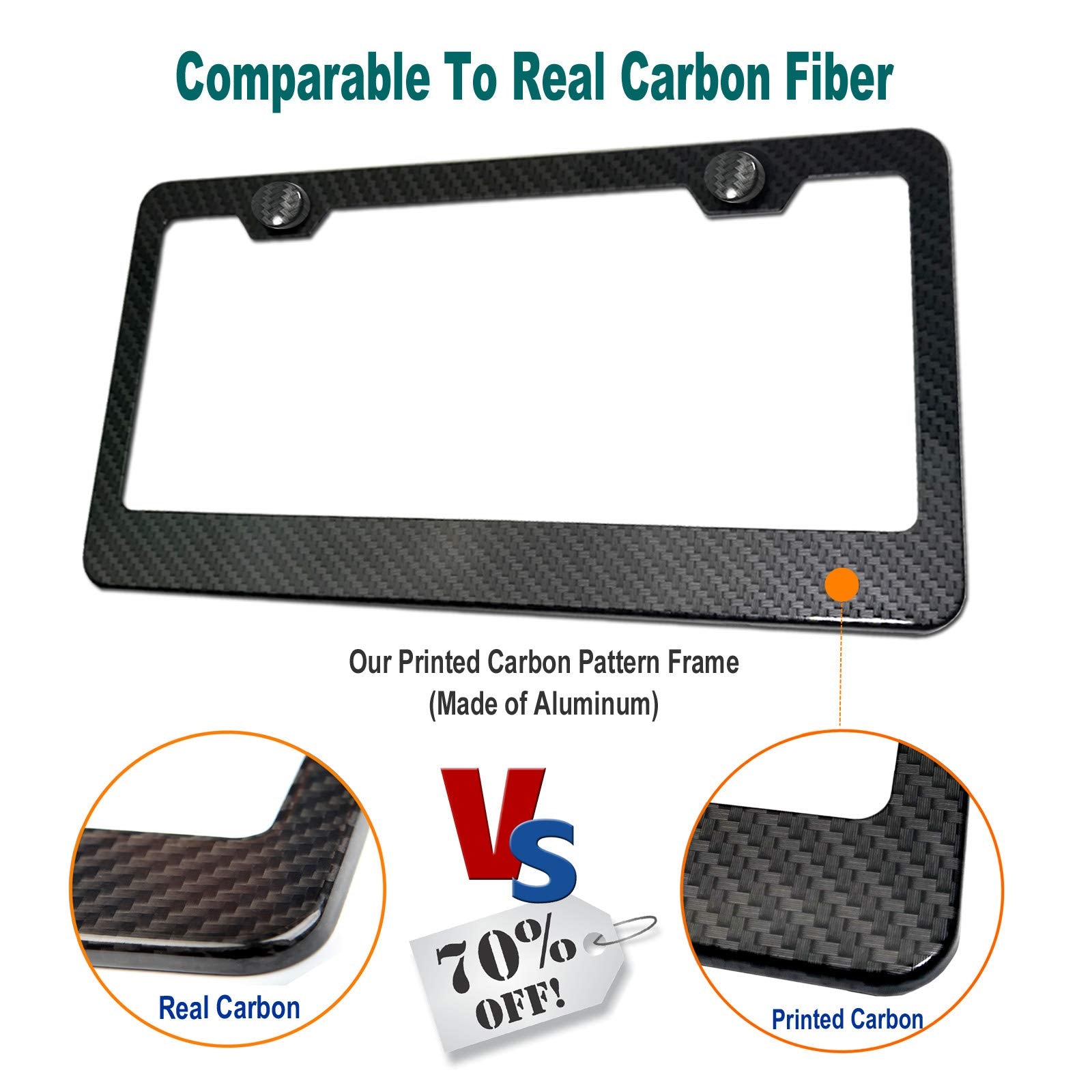 Aootf Carbon Fiber License Plate Frames- Heavy Duty Black Aluminum Car Tag Cover Printed Carbon Patterns, 2 Pack Front & Rear Ho